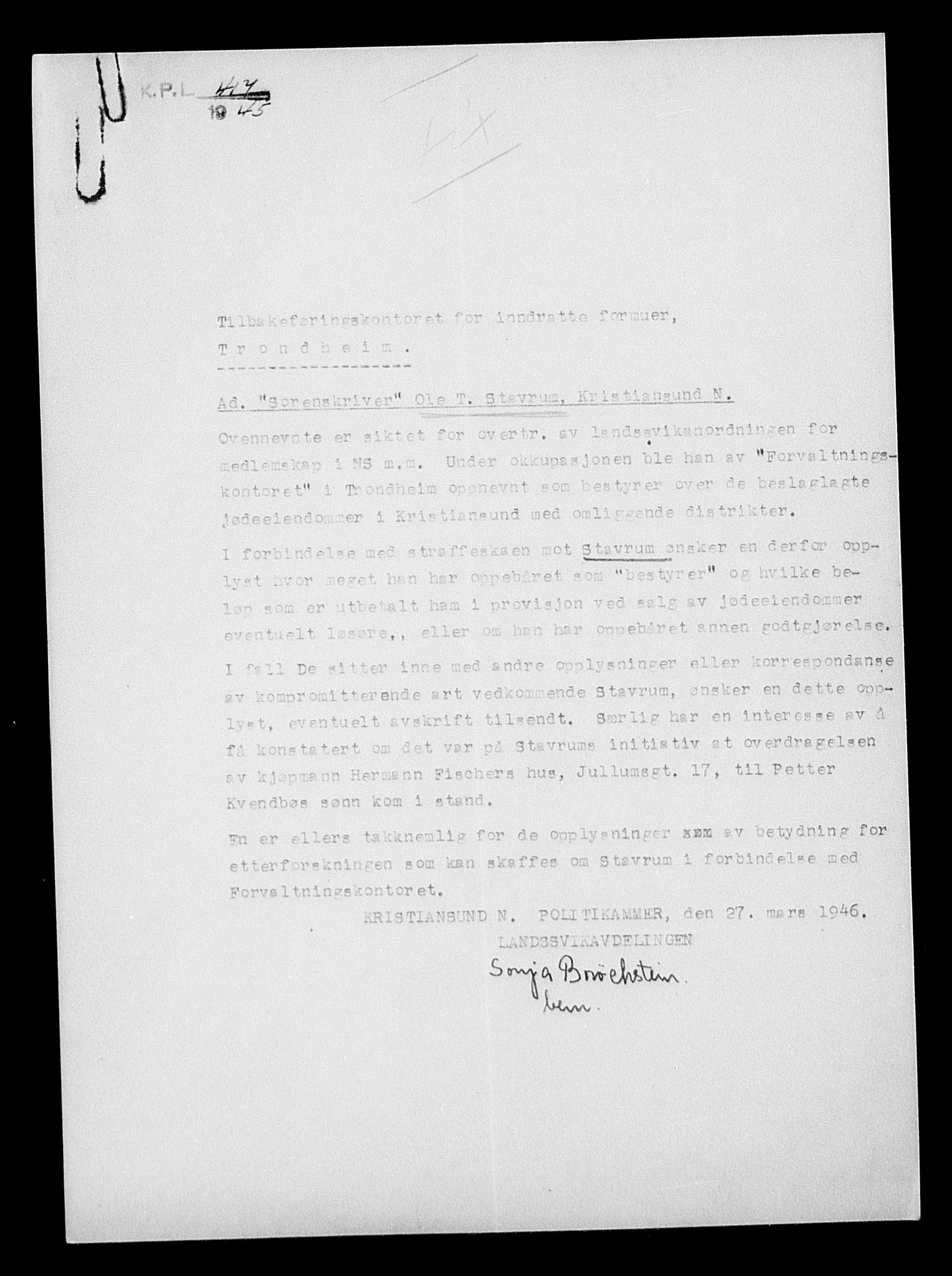 Justisdepartementet, Tilbakeføringskontoret for inndratte formuer, AV/RA-S-1564/H/Hc/Hcb/L0913: --, 1945-1947, p. 249