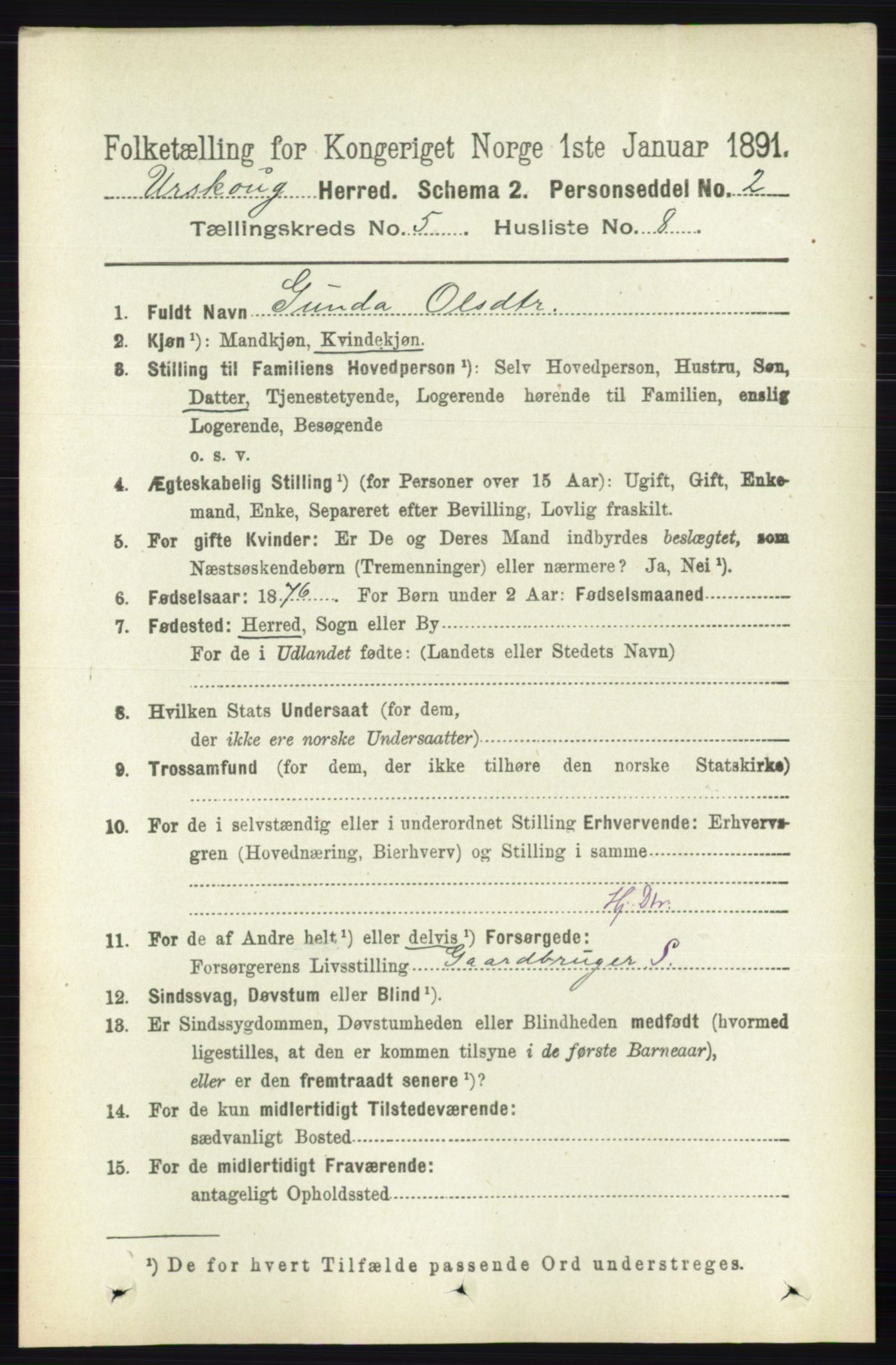 RA, 1891 census for 0224 Aurskog, 1891, p. 2106