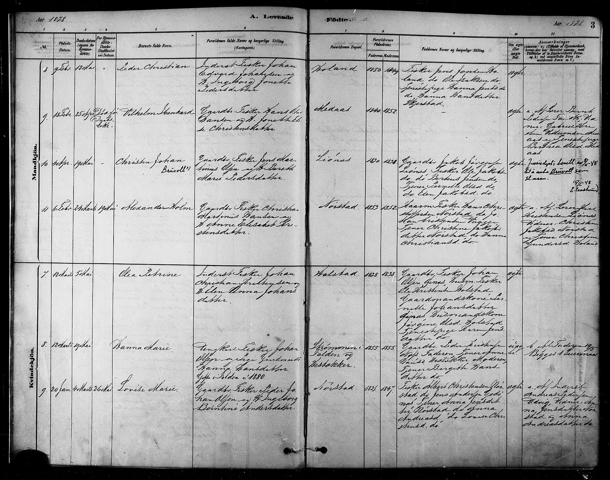 Ministerialprotokoller, klokkerbøker og fødselsregistre - Nordland, AV/SAT-A-1459/852/L0740: Parish register (official) no. 852A10, 1878-1894, p. 3