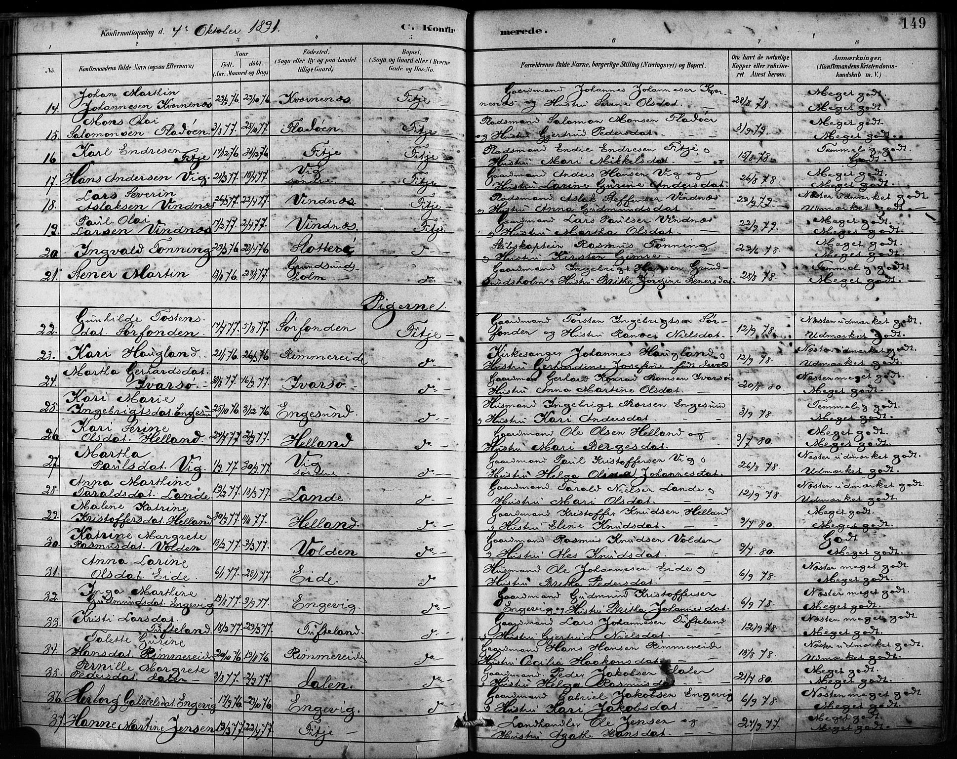 Fitjar sokneprestembete, AV/SAB-A-99926: Parish register (official) no. A 2, 1882-1899, p. 149