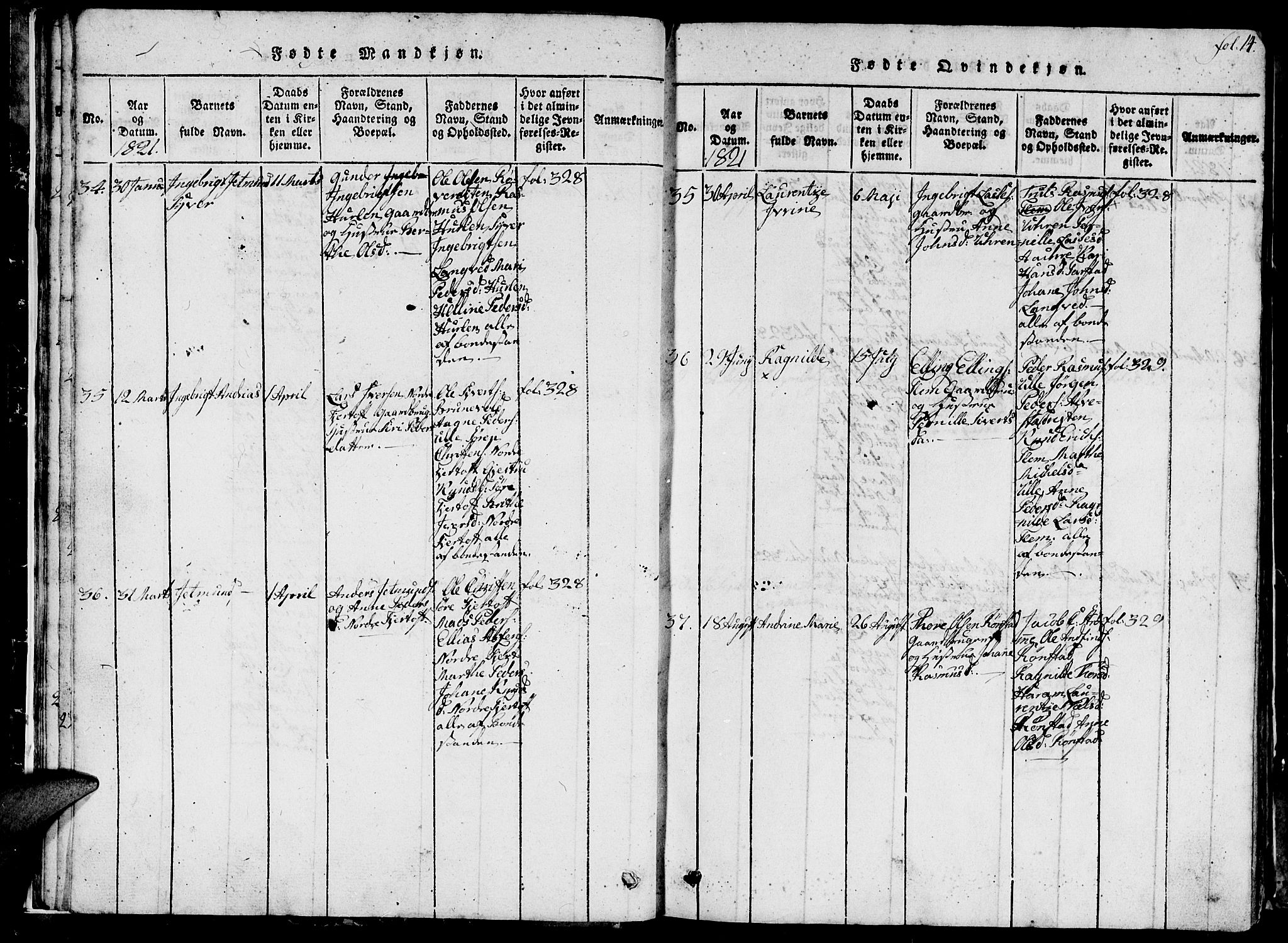 Ministerialprotokoller, klokkerbøker og fødselsregistre - Møre og Romsdal, AV/SAT-A-1454/536/L0506: Parish register (copy) no. 536C01, 1818-1859, p. 14