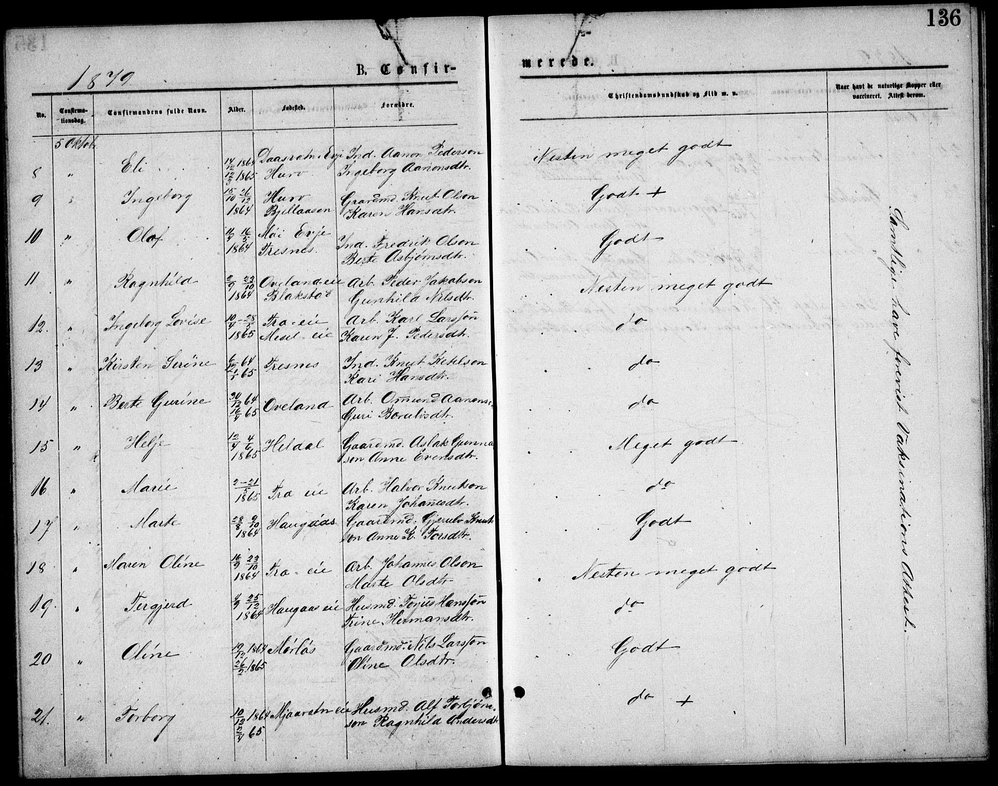 Froland sokneprestkontor, AV/SAK-1111-0013/F/Fb/L0009: Parish register (copy) no. B 9, 1875-1893, p. 136