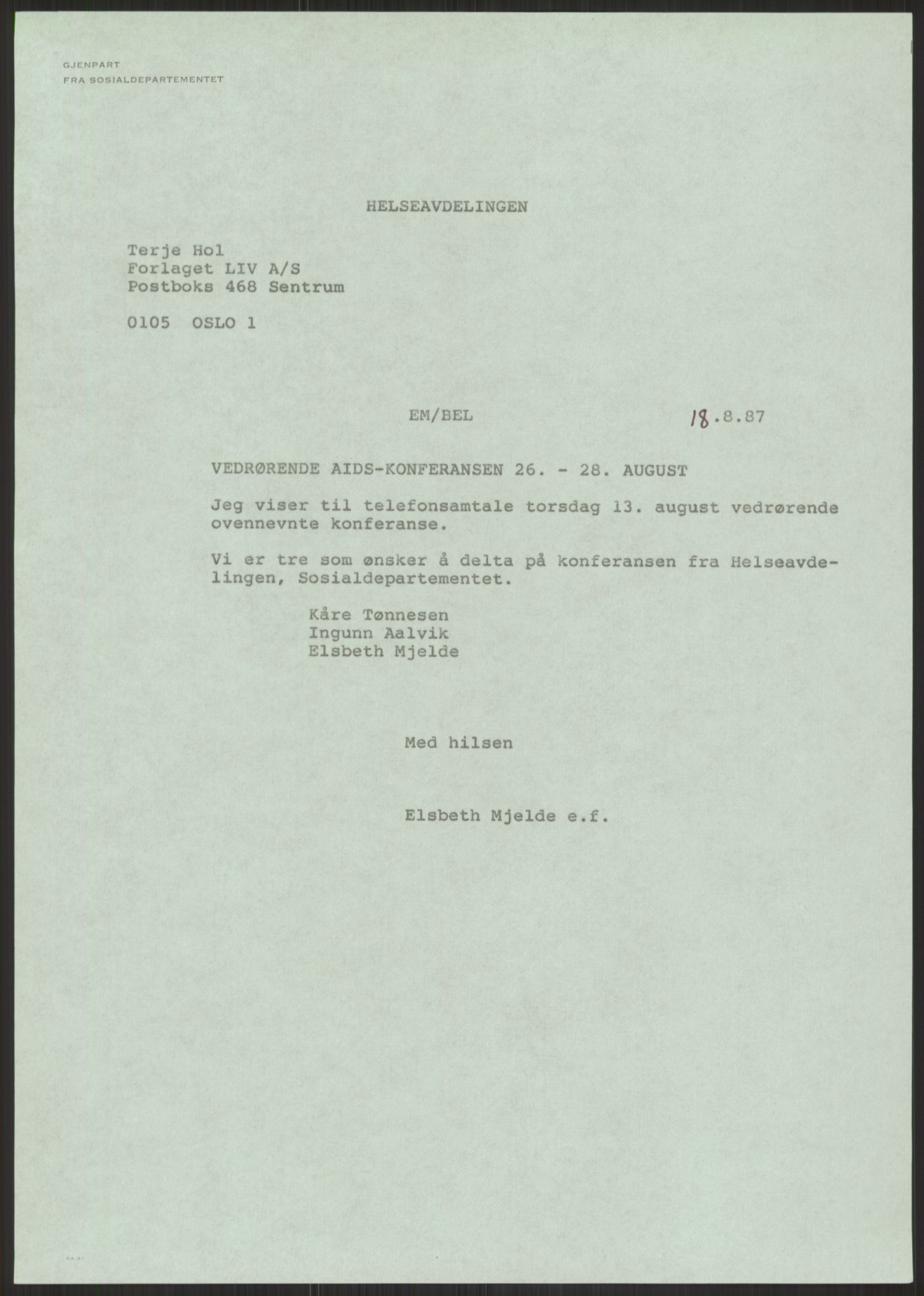 Sosialdepartementet, Administrasjons-, trygde-, plan- og helseavdelingen, RA/S-6179/D/L2240/0004: -- / 619 Diverse. HIV/AIDS, 1987, p. 51