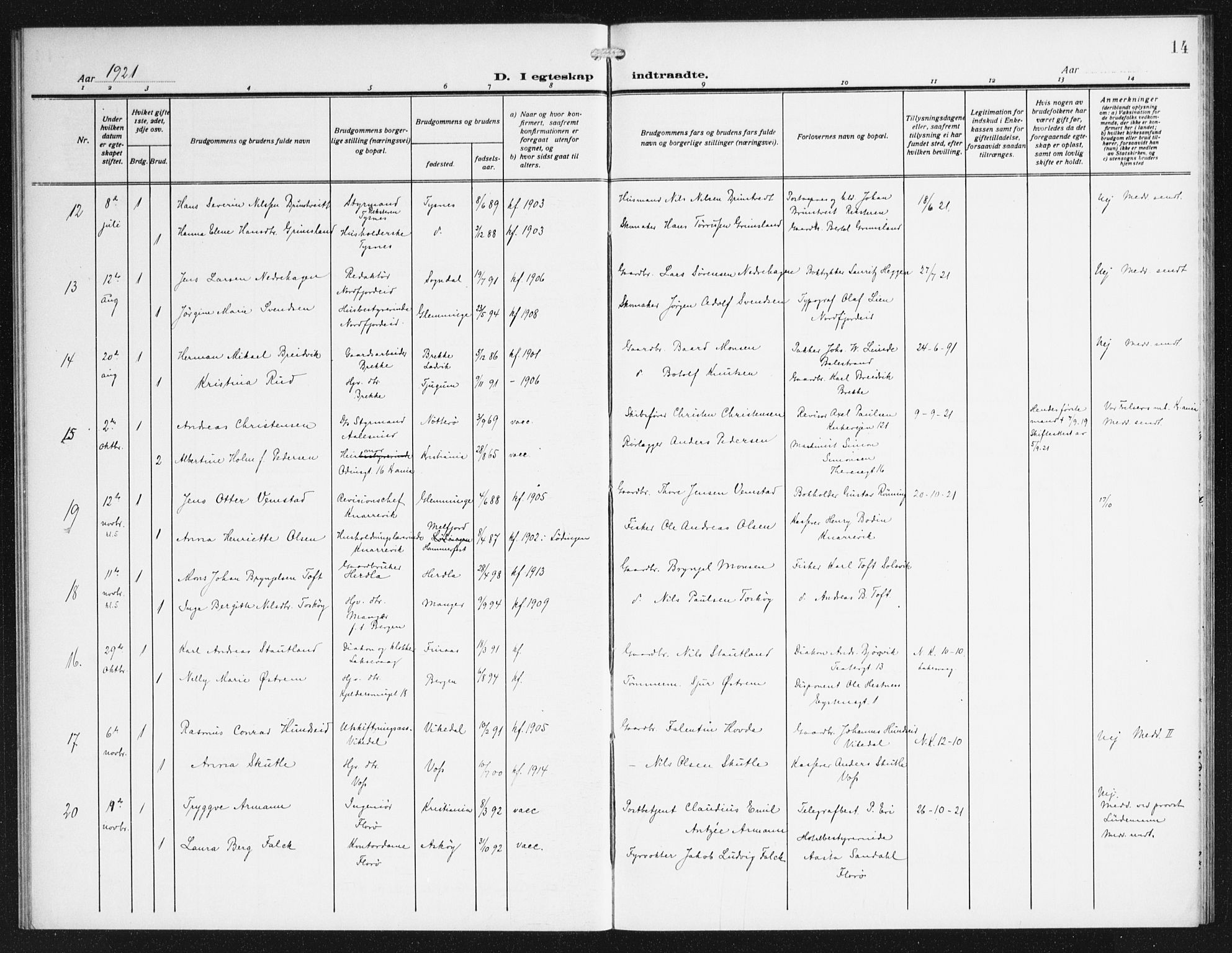 Domkirken sokneprestembete, AV/SAB-A-74801/H/Haa/L0067: Curate's parish register no. A 5, 1915-1934, p. 14