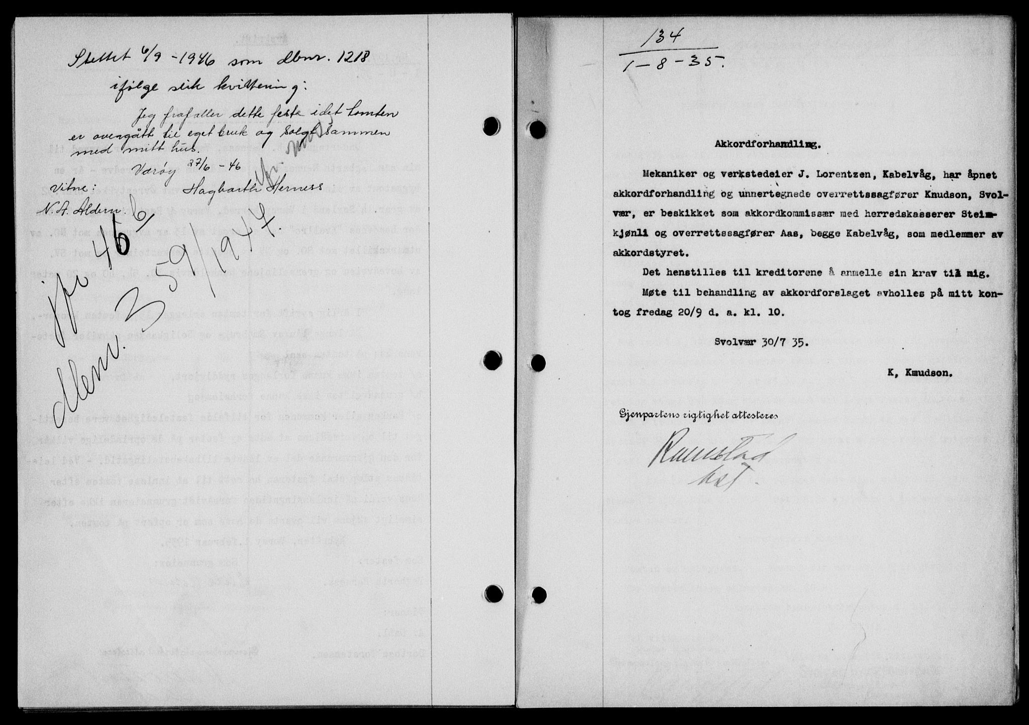 Lofoten sorenskriveri, SAT/A-0017/1/2/2C/L0032b: Mortgage book no. 32b, 1935-1935, Deed date: 01.08.1935