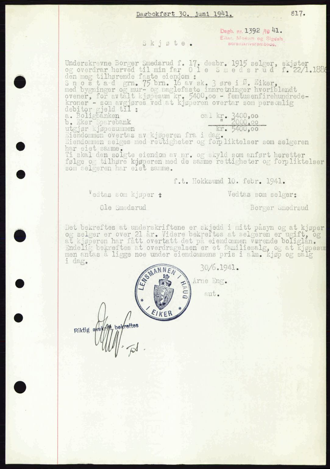 Eiker, Modum og Sigdal sorenskriveri, SAKO/A-123/G/Ga/Gab/L0043: Mortgage book no. A13, 1940-1941, Diary no: : 1392/1941