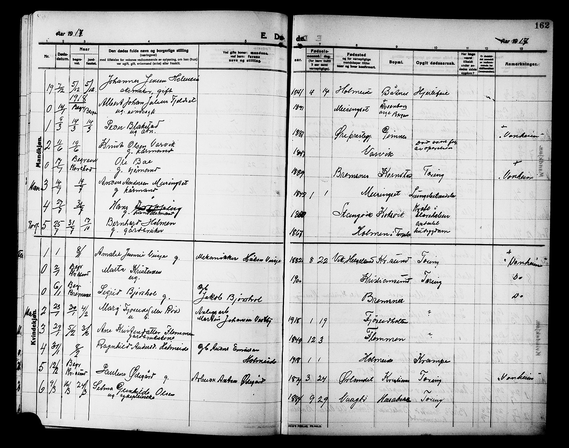 Ministerialprotokoller, klokkerbøker og fødselsregistre - Møre og Romsdal, AV/SAT-A-1454/586/L0993: Parish register (copy) no. 586C04, 1910-1918, p. 162