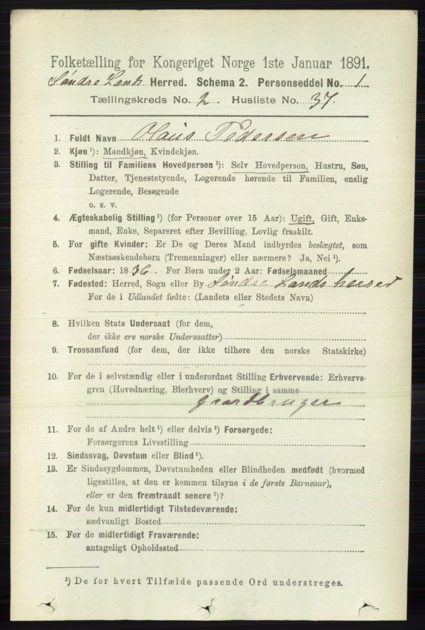 RA, 1891 census for 0536 Søndre Land, 1891, p. 1266