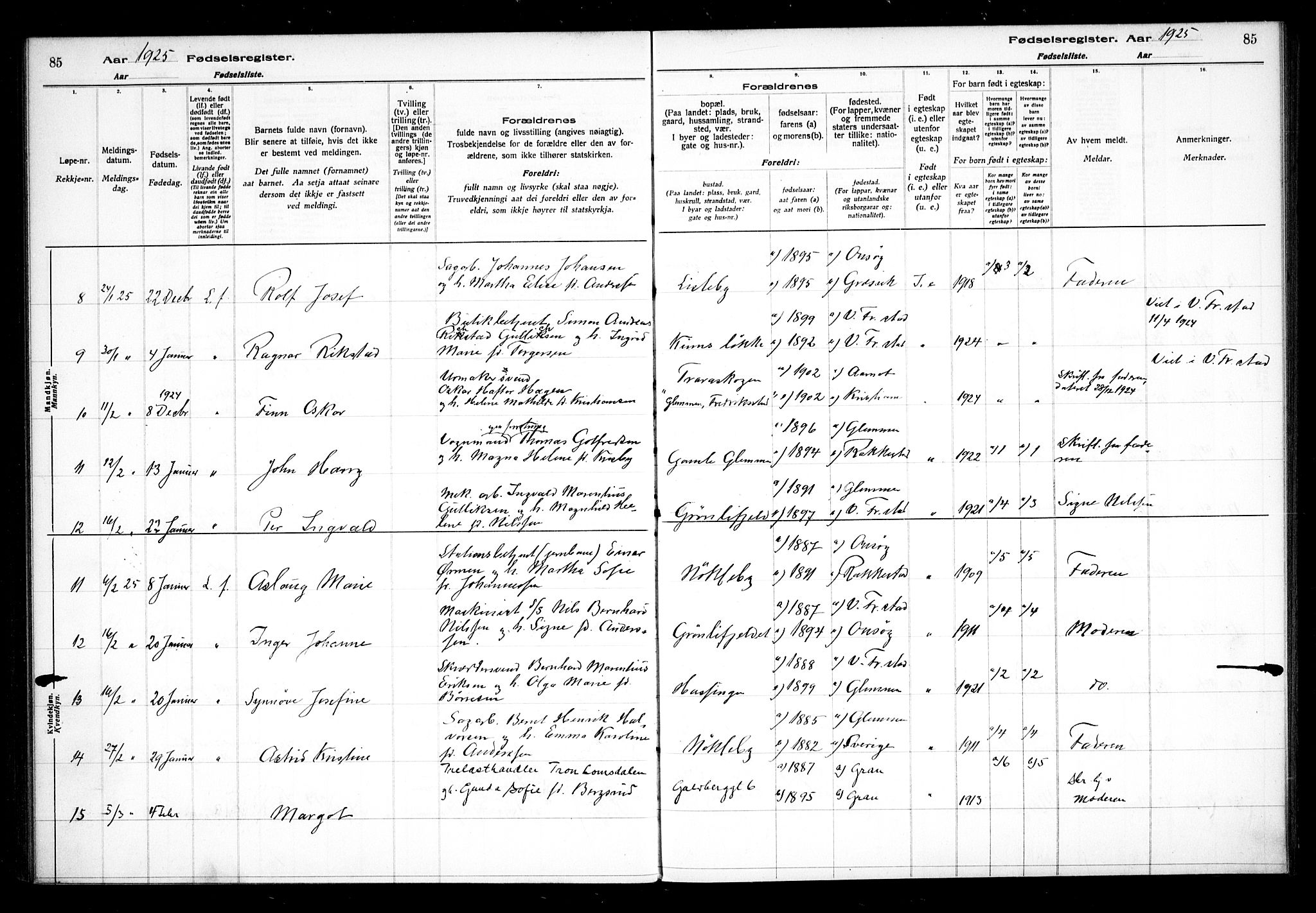 Glemmen prestekontor Kirkebøker, AV/SAO-A-10908/J/Ja/L0002: Birth register no. I 2, 1922-1929, p. 85