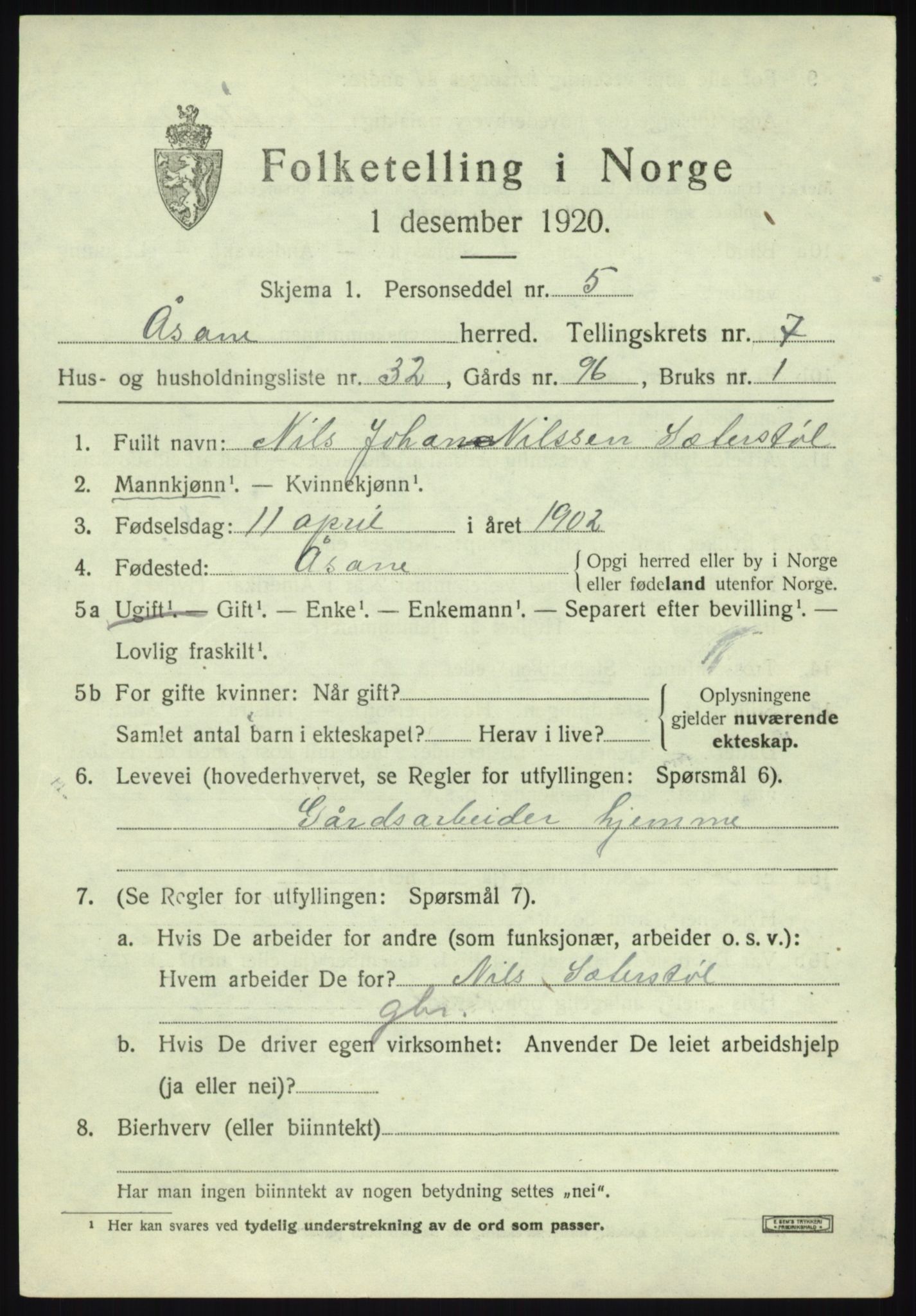 SAB, 1920 census for Åsane, 1920, p. 5469