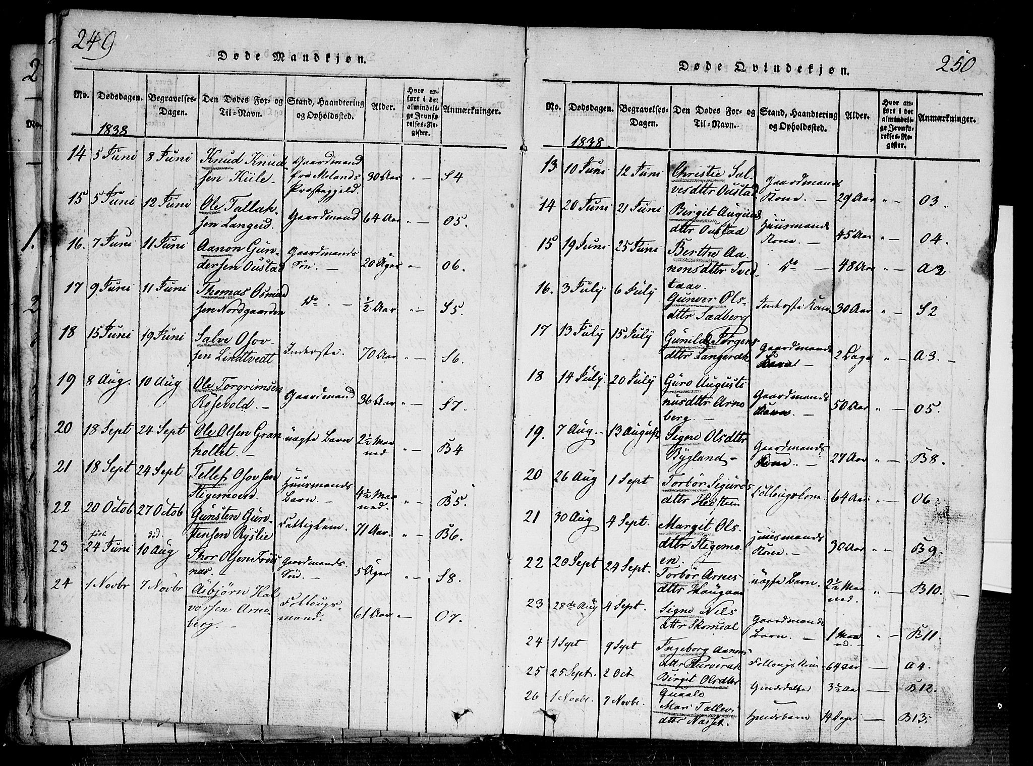 Bygland sokneprestkontor, SAK/1111-0006/F/Fa/Fab/L0003: Parish register (official) no. A 3, 1816-1841, p. 249-250