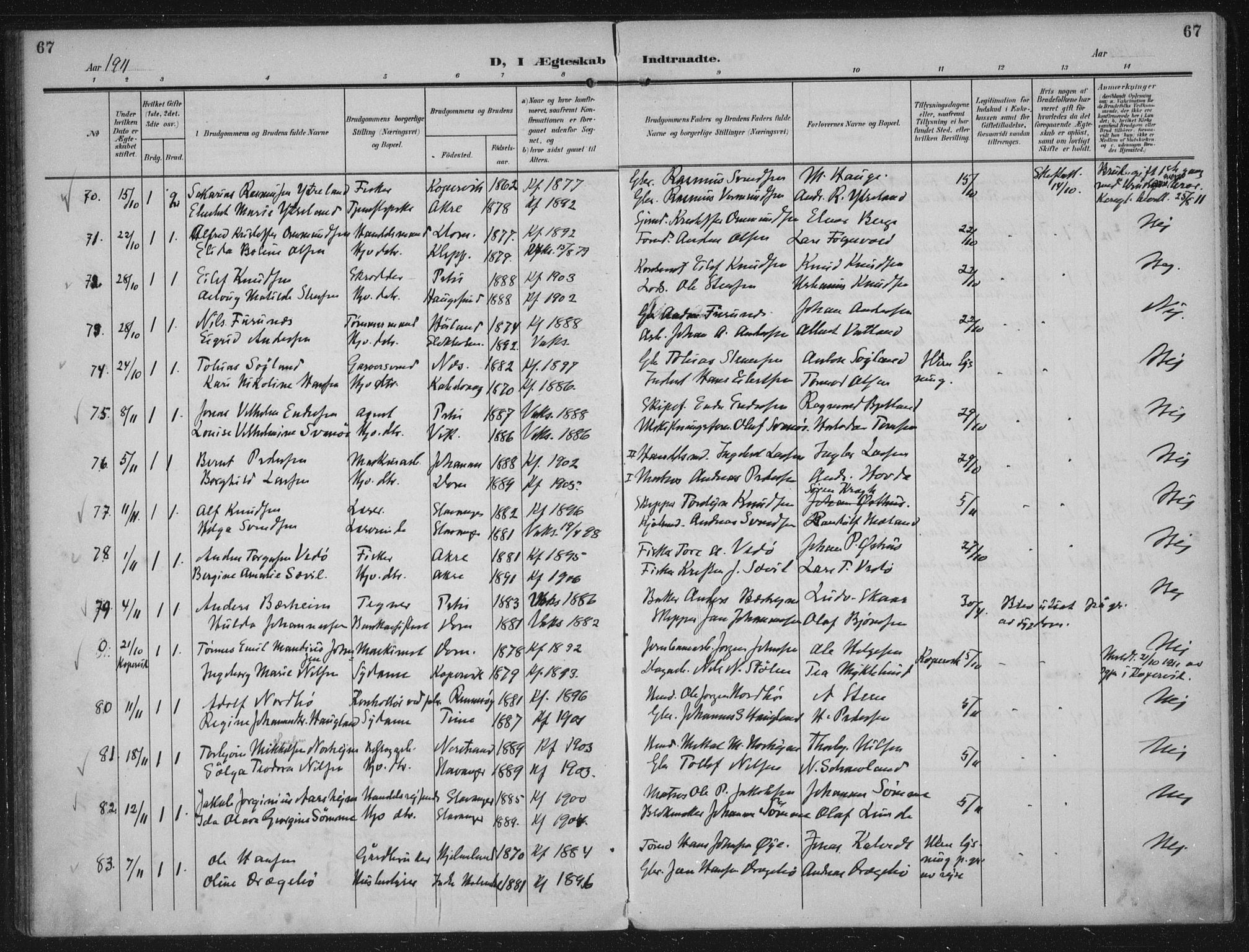 Domkirken sokneprestkontor, AV/SAST-A-101812/002/A/L0016: Parish register (official) no. A 33, 1905-1922, p. 67