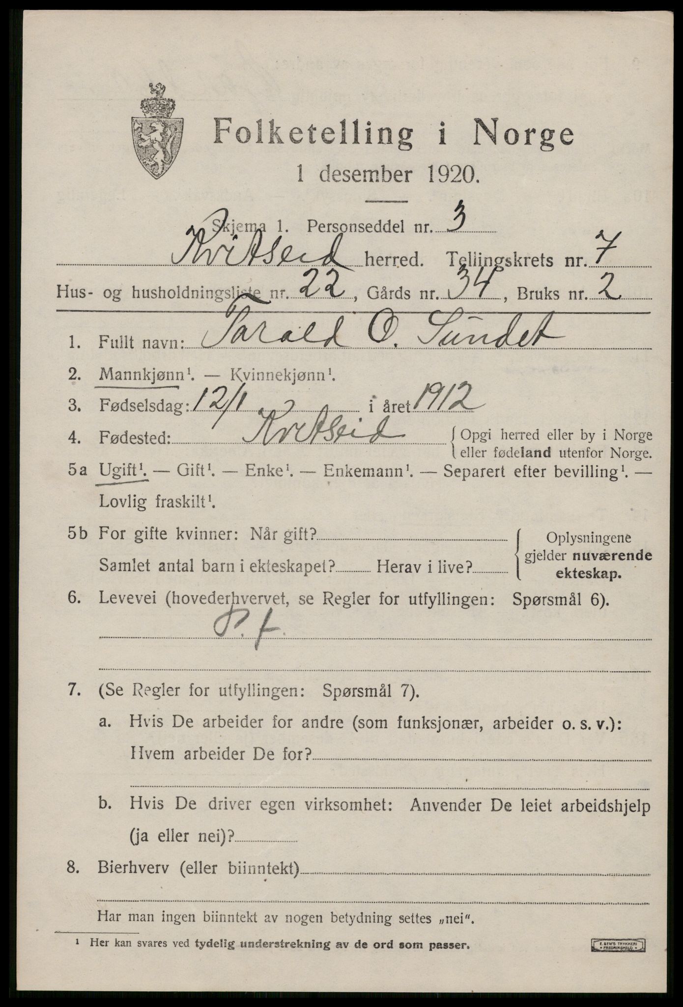 SAKO, 1920 census for Kviteseid, 1920, p. 3709