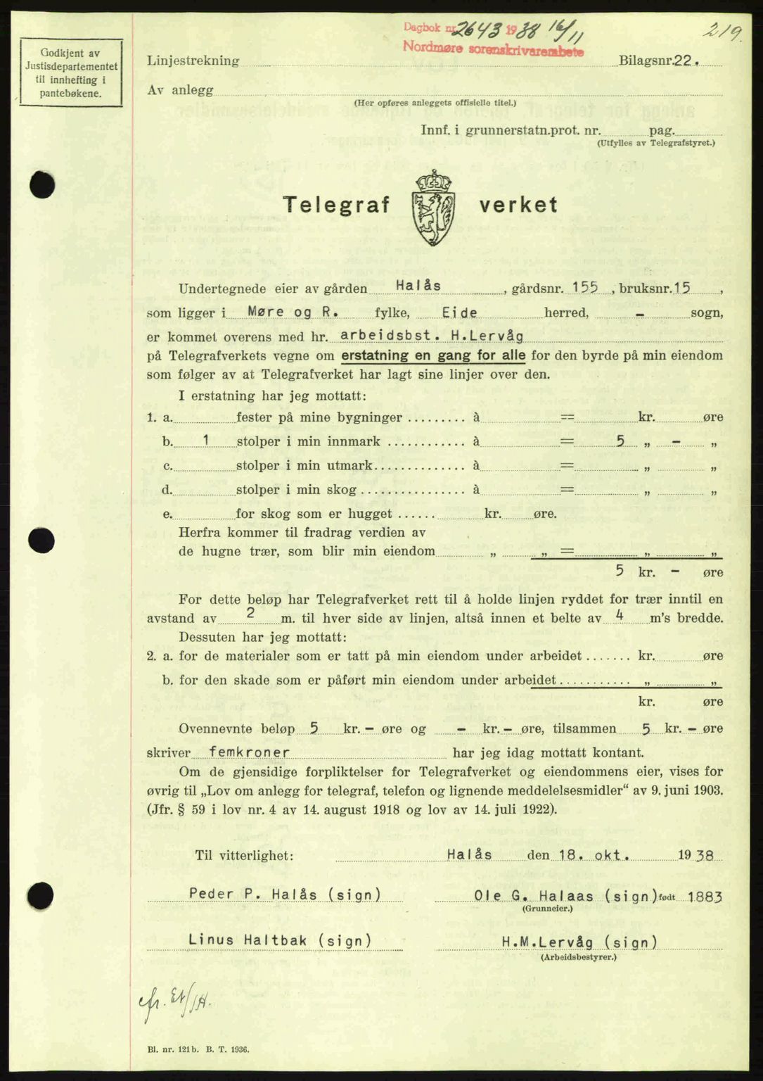 Nordmøre sorenskriveri, SAT/A-4132/1/2/2Ca: Mortgage book no. B84, 1938-1939, Diary no: : 2643/1938