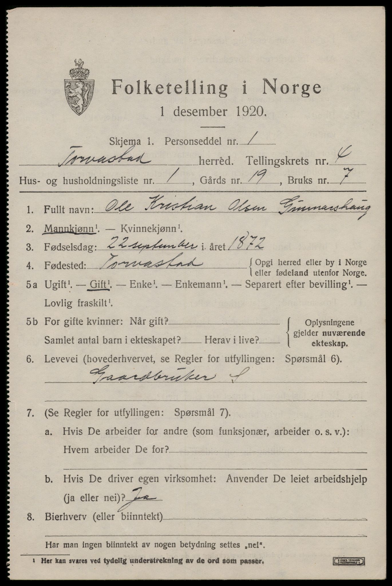 SAST, 1920 census for Torvastad, 1920, p. 3618