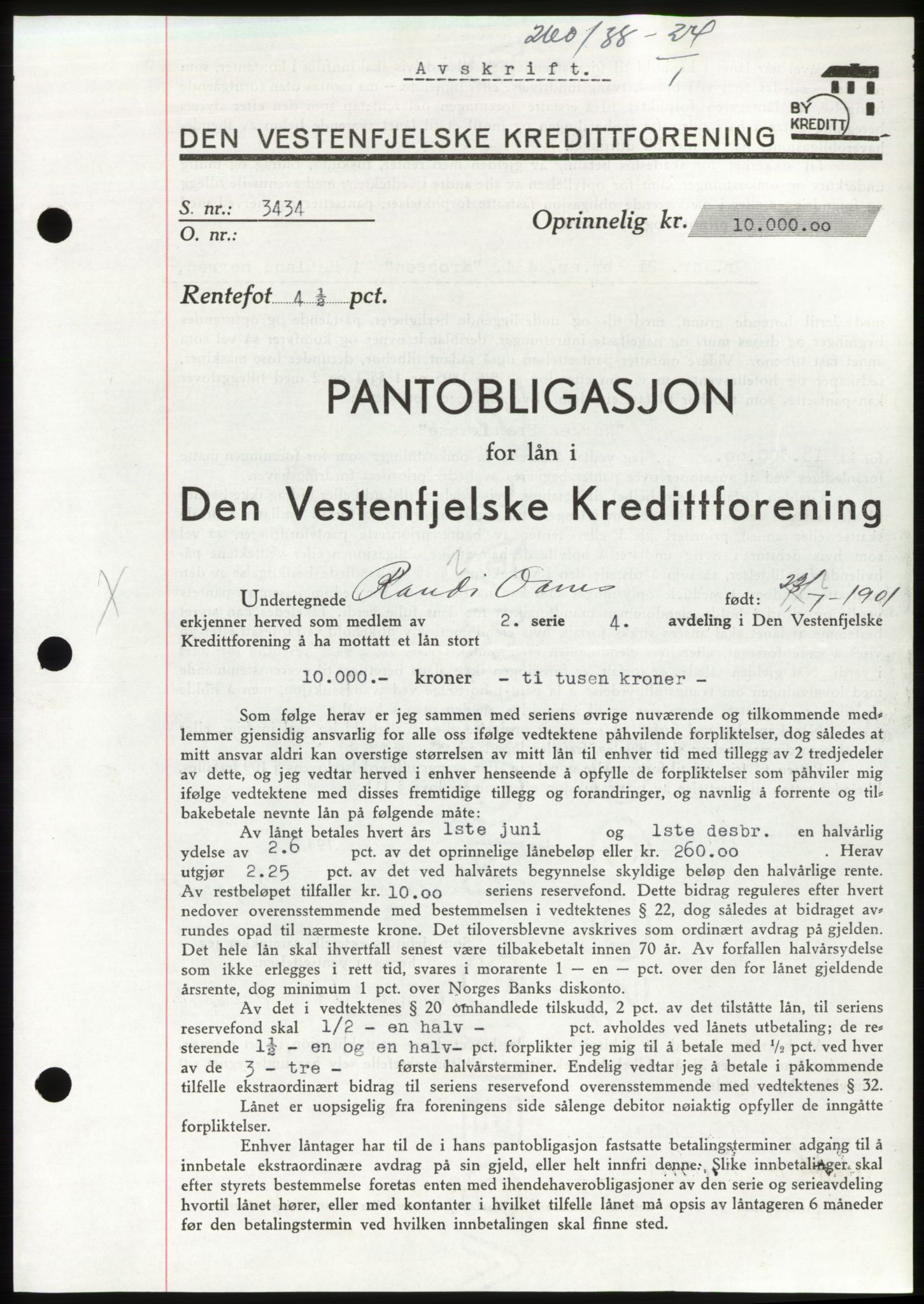 Jæren sorenskriveri, SAST/A-100310/03/G/Gba/L0070: Mortgage book, 1938-1938, Diary no: : 260/1938