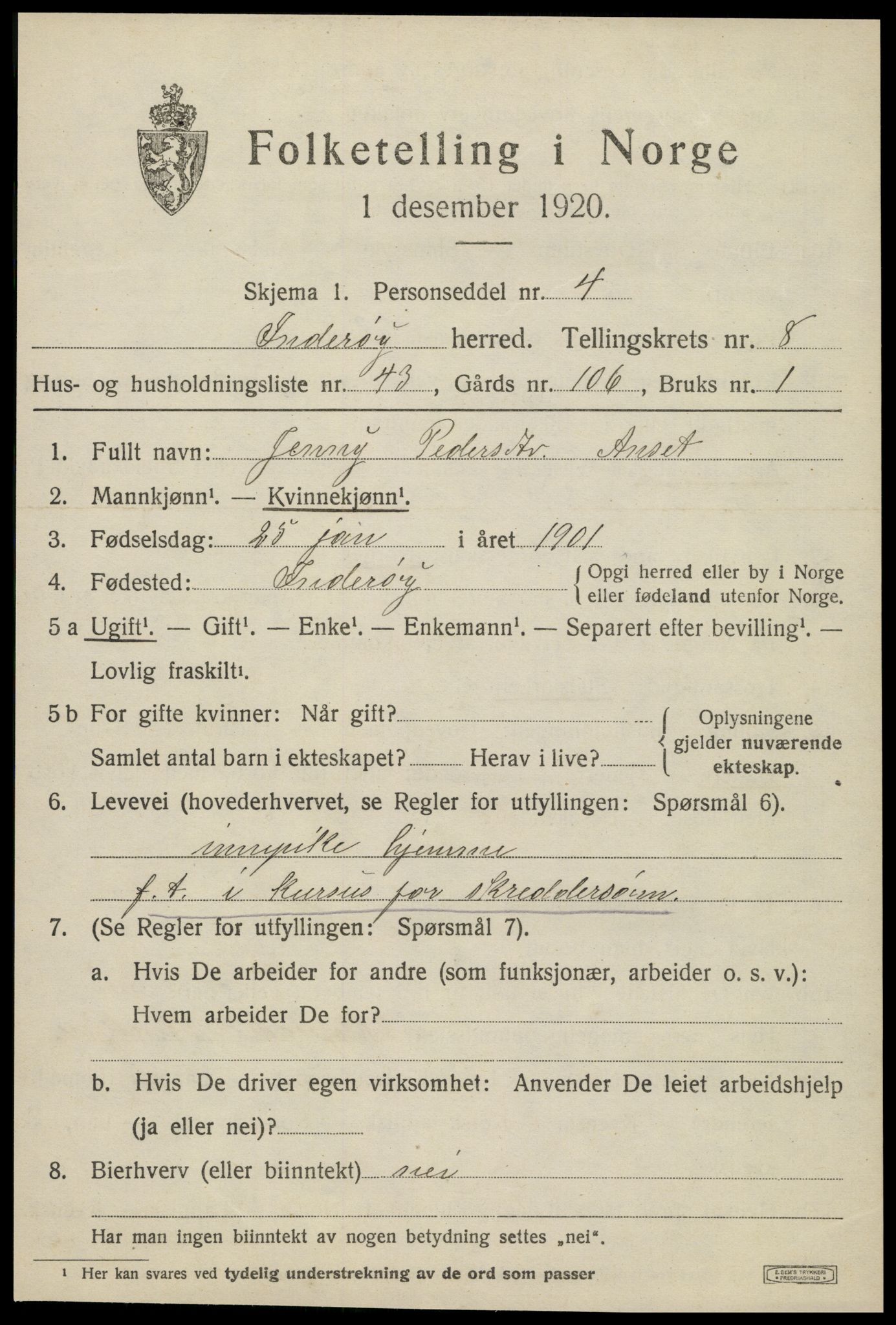 SAT, 1920 census for Inderøy, 1920, p. 6019