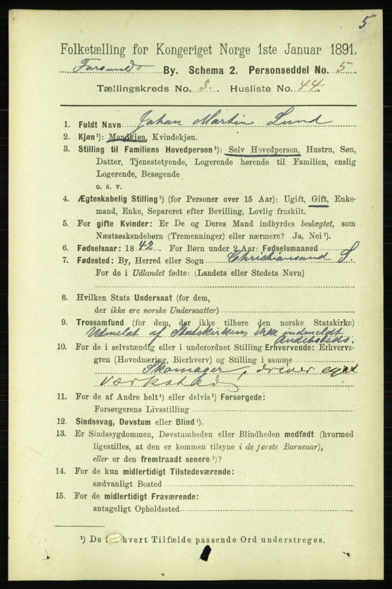 RA, 1891 census for 1003 Farsund, 1891, p. 1638