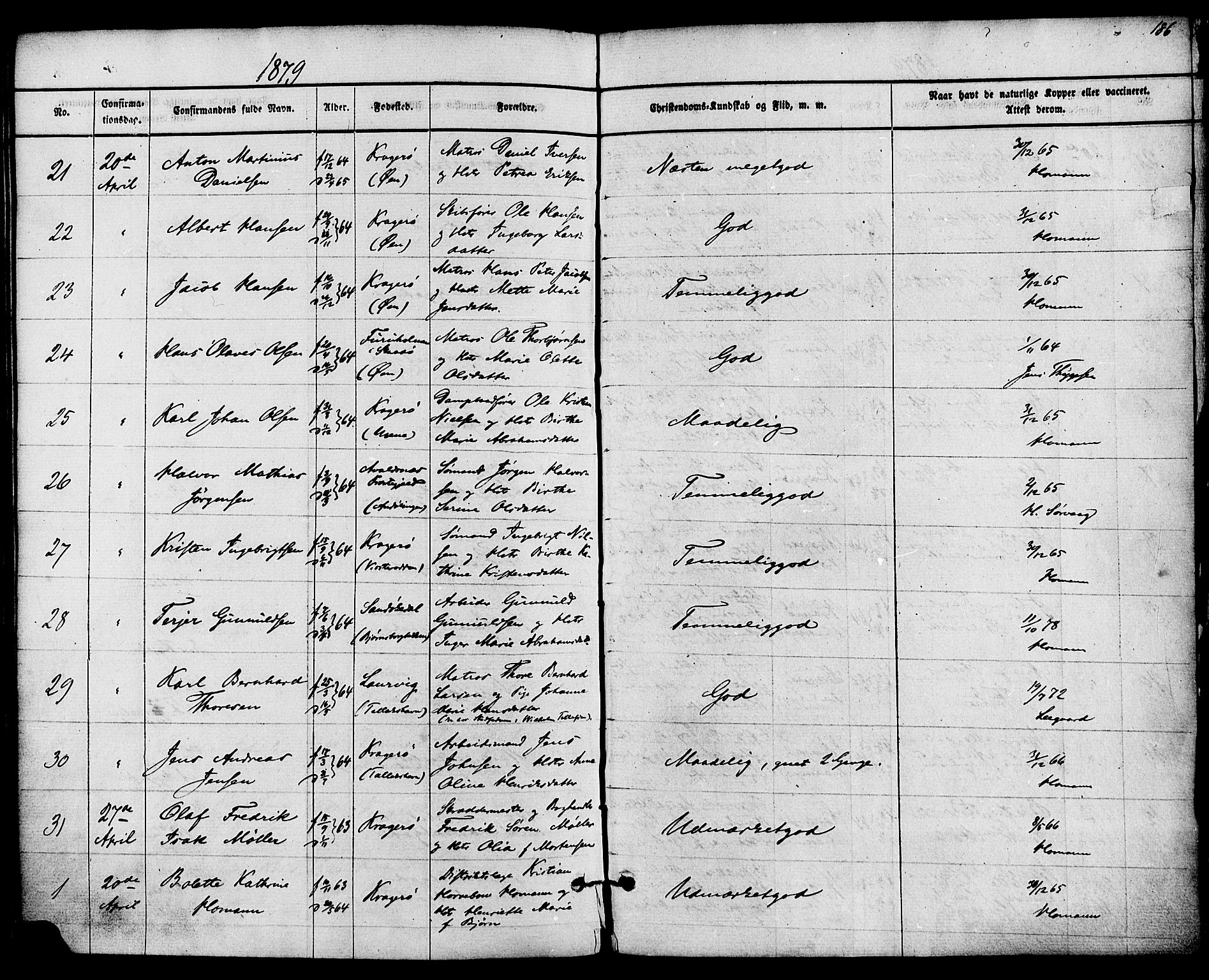 Kragerø kirkebøker, SAKO/A-278/F/Fa/L0008: Parish register (official) no. 8, 1856-1880, p. 186