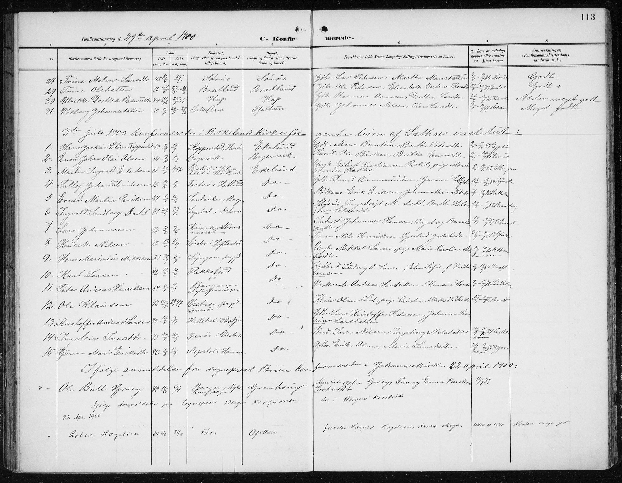 Fana Sokneprestembete, AV/SAB-A-75101/H/Haa/Haai/L0003: Parish register (official) no. I 3, 1900-1912, p. 113