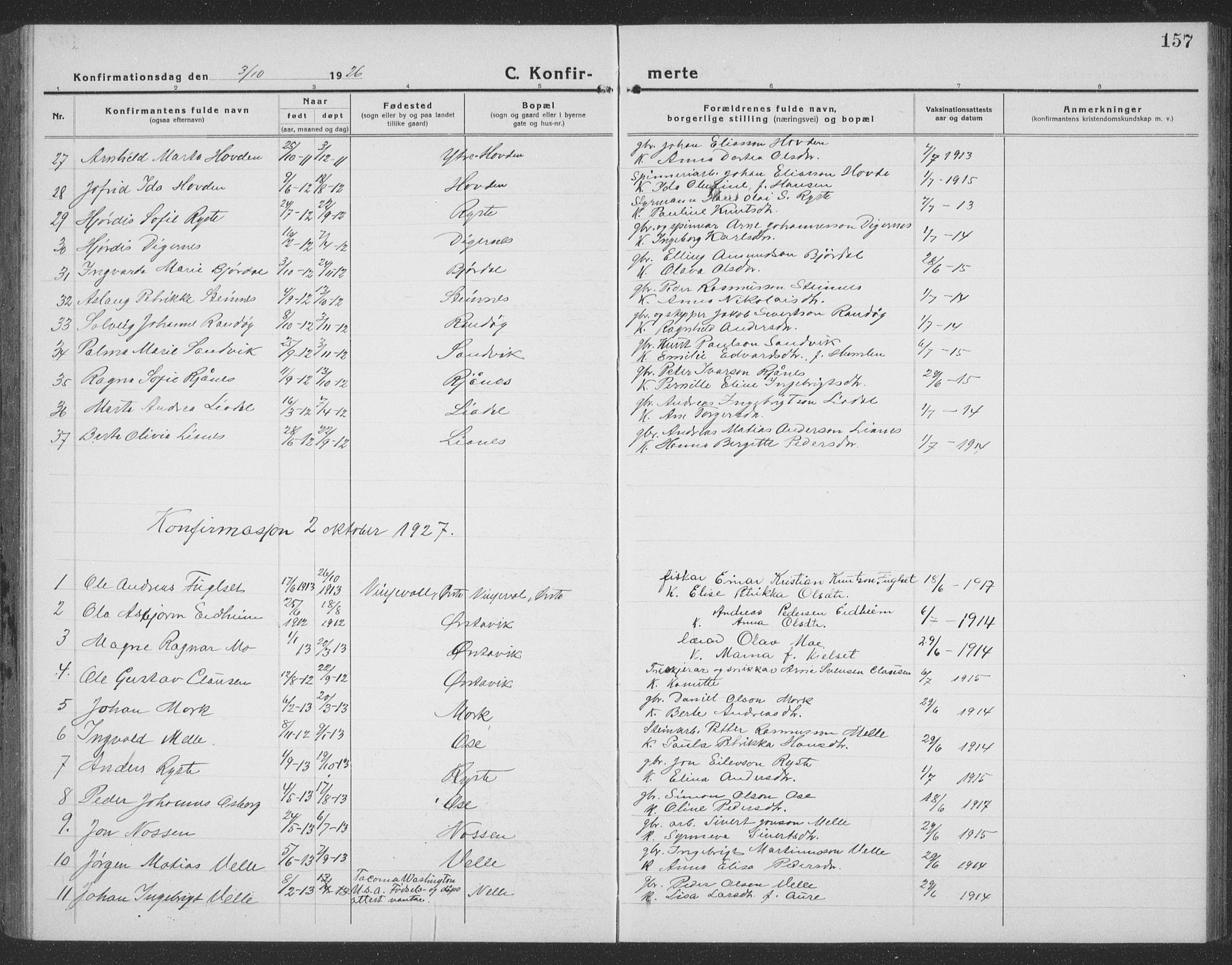 Ministerialprotokoller, klokkerbøker og fødselsregistre - Møre og Romsdal, SAT/A-1454/513/L0191: Parish register (copy) no. 513C05, 1920-1941, p. 157
