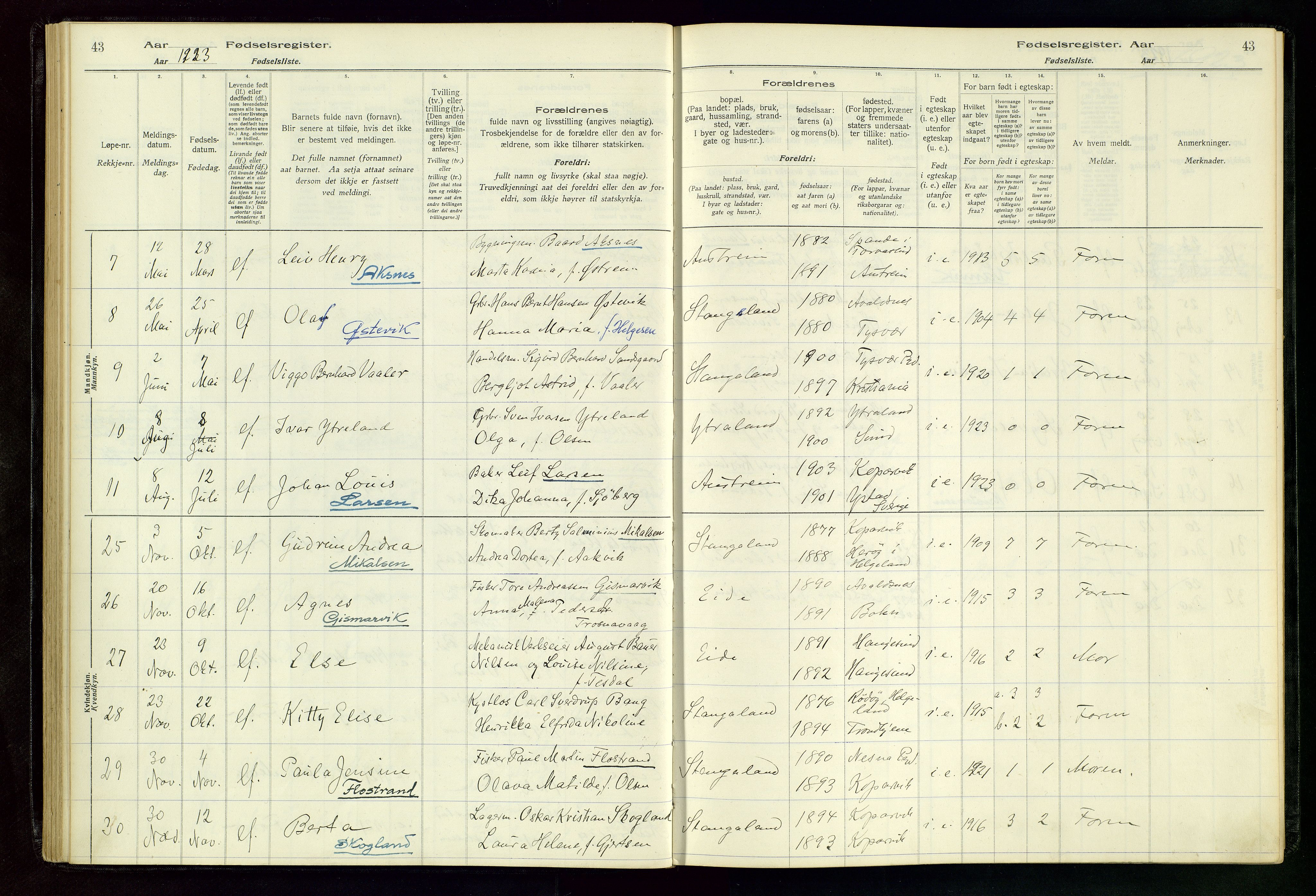 Kopervik sokneprestkontor, SAST/A-101850/I/Id/L0004: Birth register no. 4, 1916-1958, p. 43