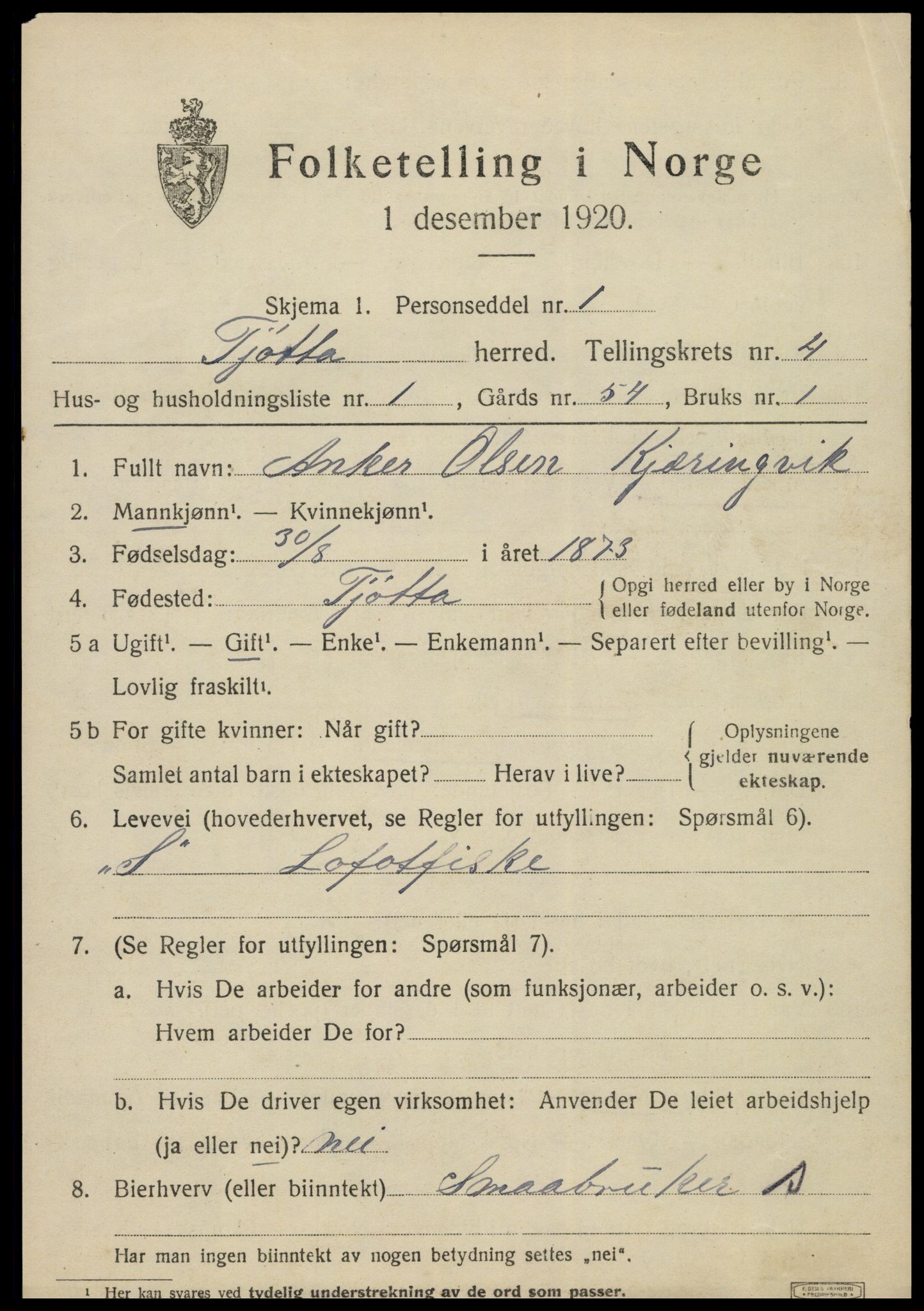 SAT, 1920 census for Tjøtta, 1920, p. 1731