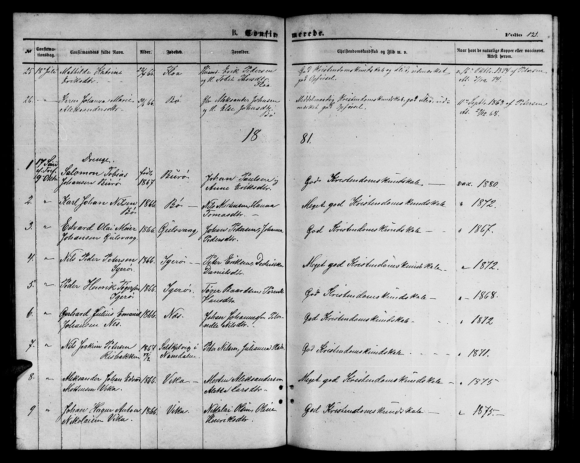 Ministerialprotokoller, klokkerbøker og fødselsregistre - Nordland, AV/SAT-A-1459/816/L0252: Parish register (copy) no. 816C02, 1871-1885, p. 121