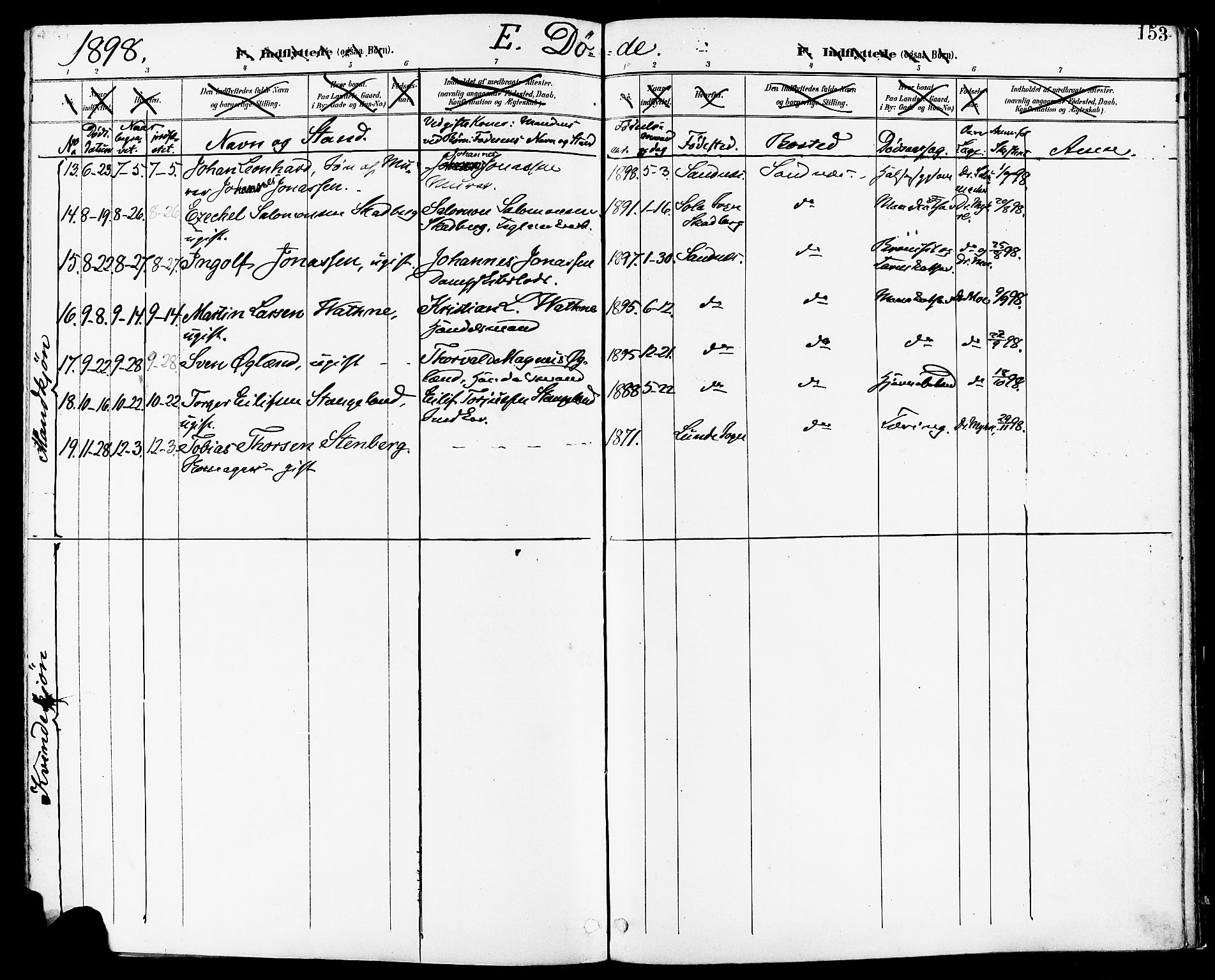 Høyland sokneprestkontor, AV/SAST-A-101799/001/30BA/L0014: Parish register (official) no. A 12, 1890-1898, p. 153