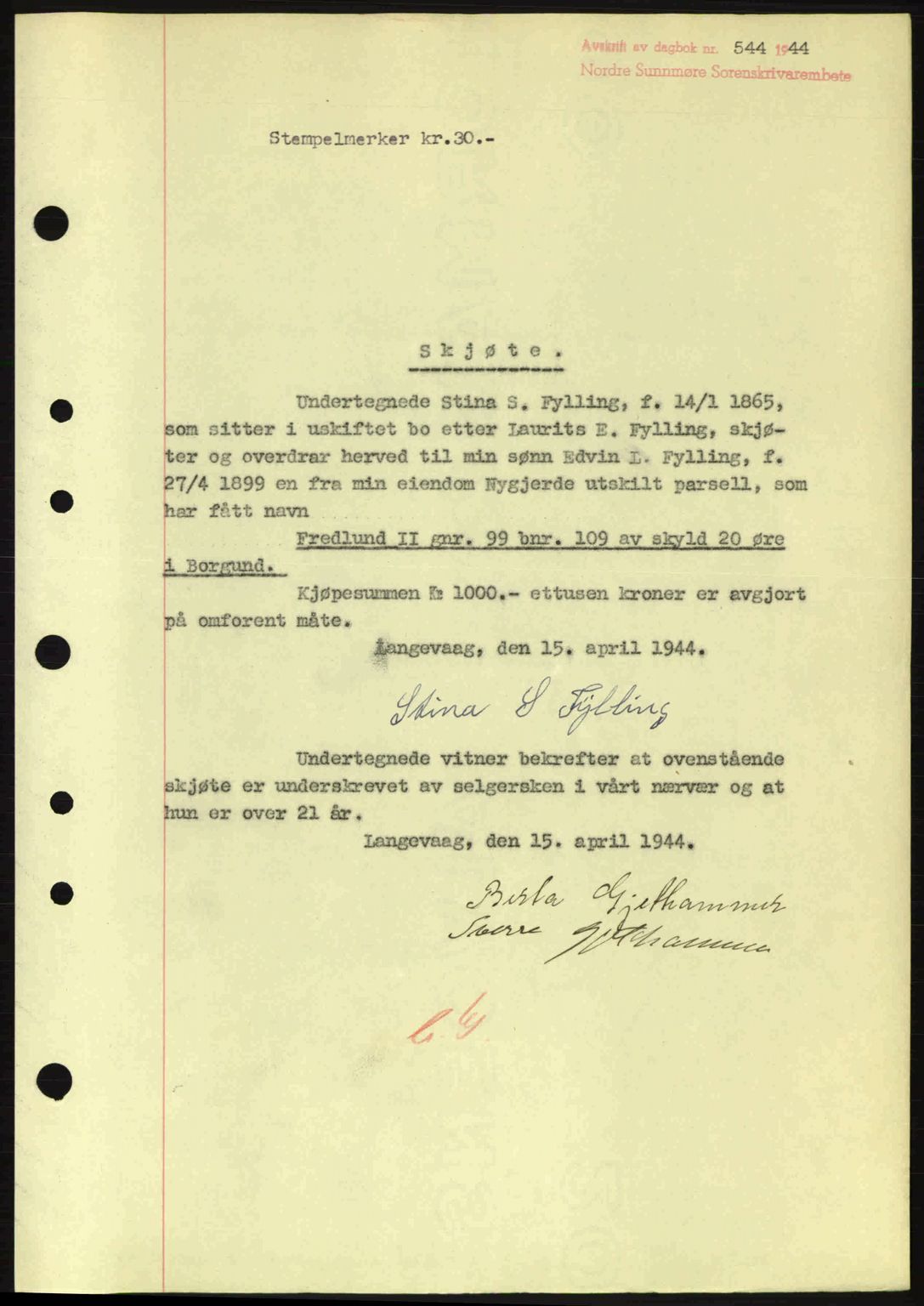 Nordre Sunnmøre sorenskriveri, AV/SAT-A-0006/1/2/2C/2Ca: Mortgage book no. A17, 1943-1944, Diary no: : 544/1944