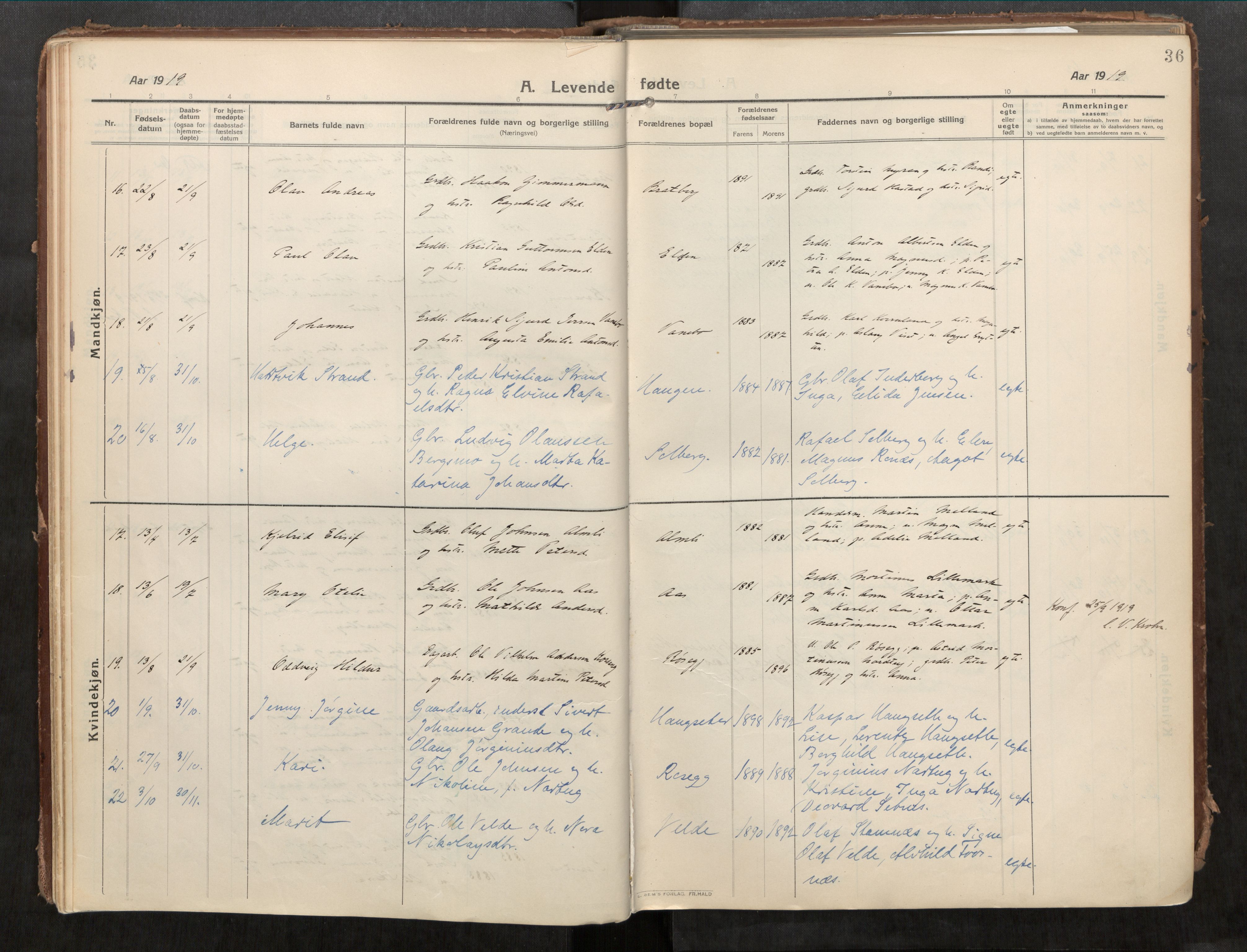 Beitstad sokneprestkontor, AV/SAT-A-1162/I/I1/I1a/L0001: Parish register (official) no. 1, 1912-1927, p. 36