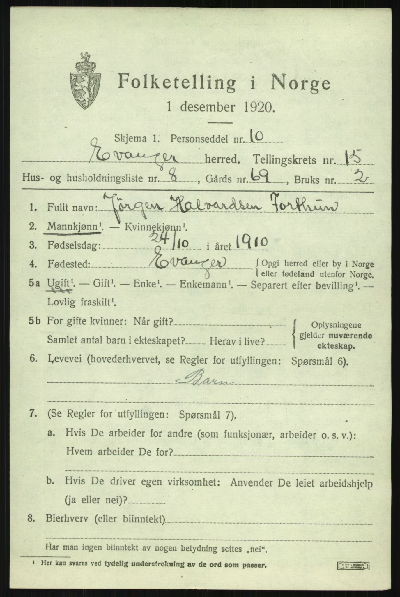 SAB, 1920 census for Evanger, 1920, p. 4239