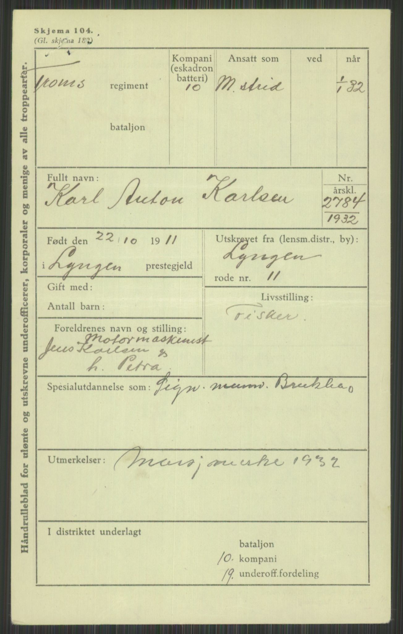 Forsvaret, Troms infanteriregiment nr. 16, AV/RA-RAFA-3146/P/Pa/L0016: Rulleblad for regimentets menige mannskaper, årsklasse 1932, 1932, p. 809