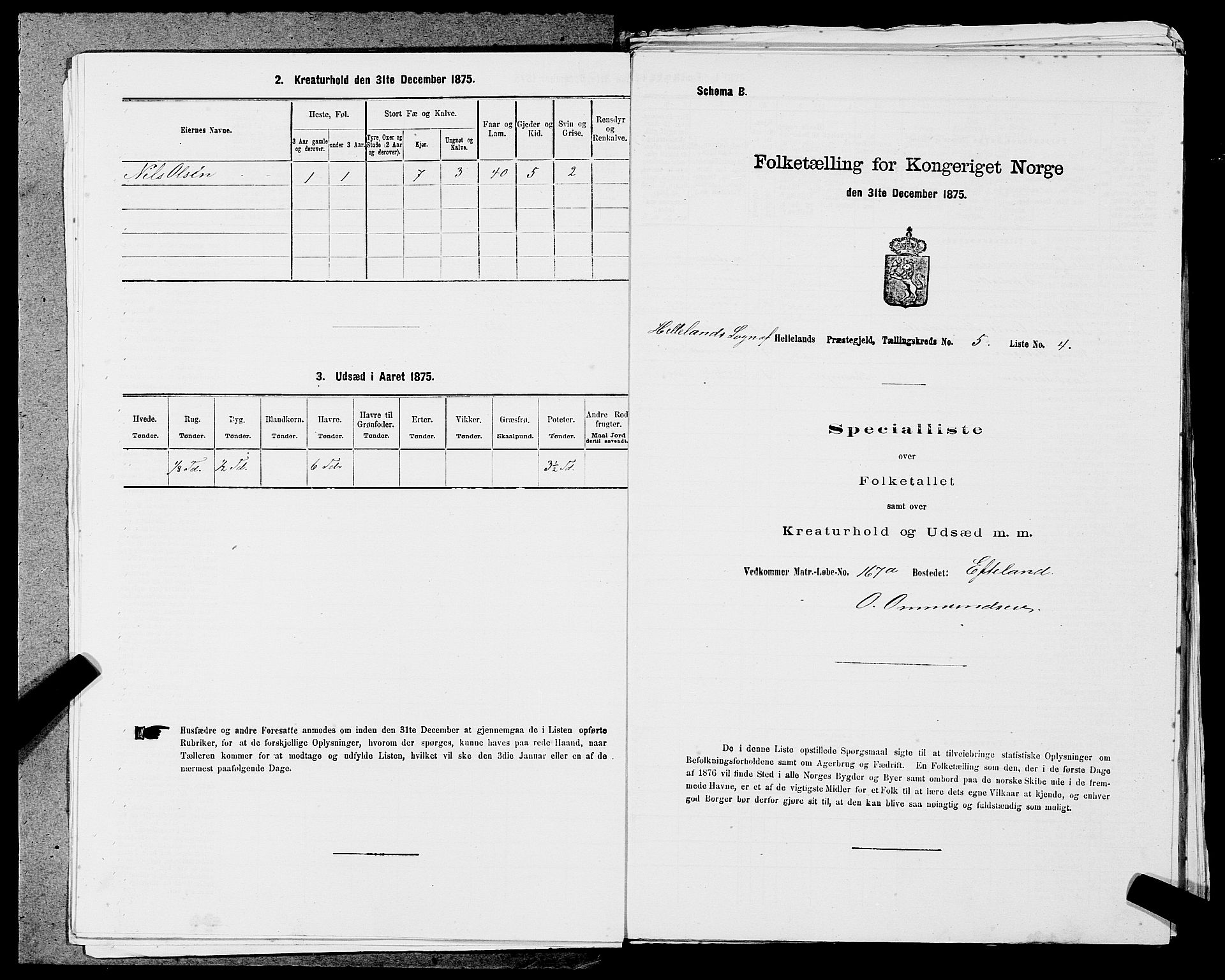 SAST, 1875 census for 1115P Helleland, 1875, p. 420