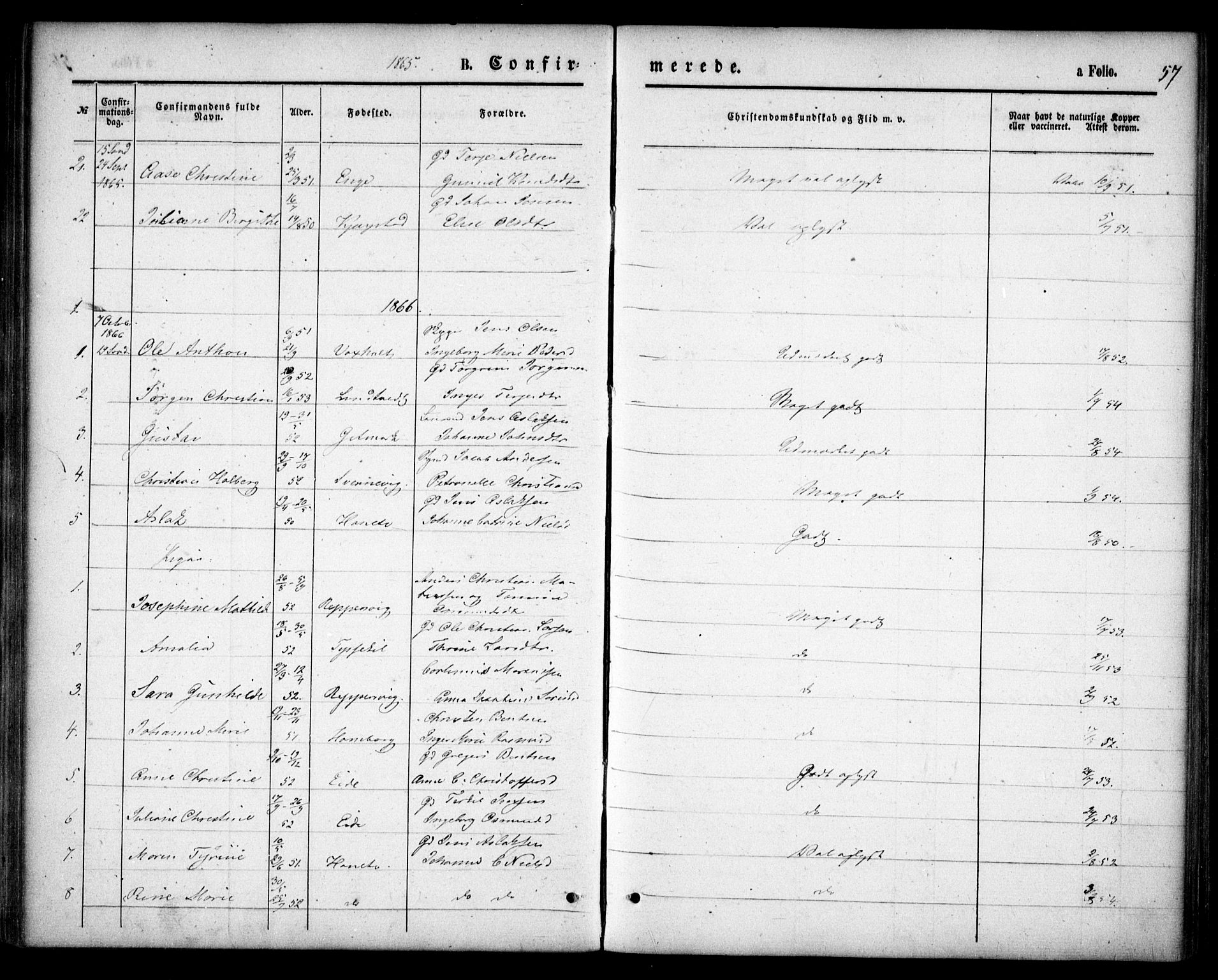 Hommedal sokneprestkontor, SAK/1111-0023/F/Fa/Faa/L0002: Parish register (official) no. A 2, 1861-1884, p. 57