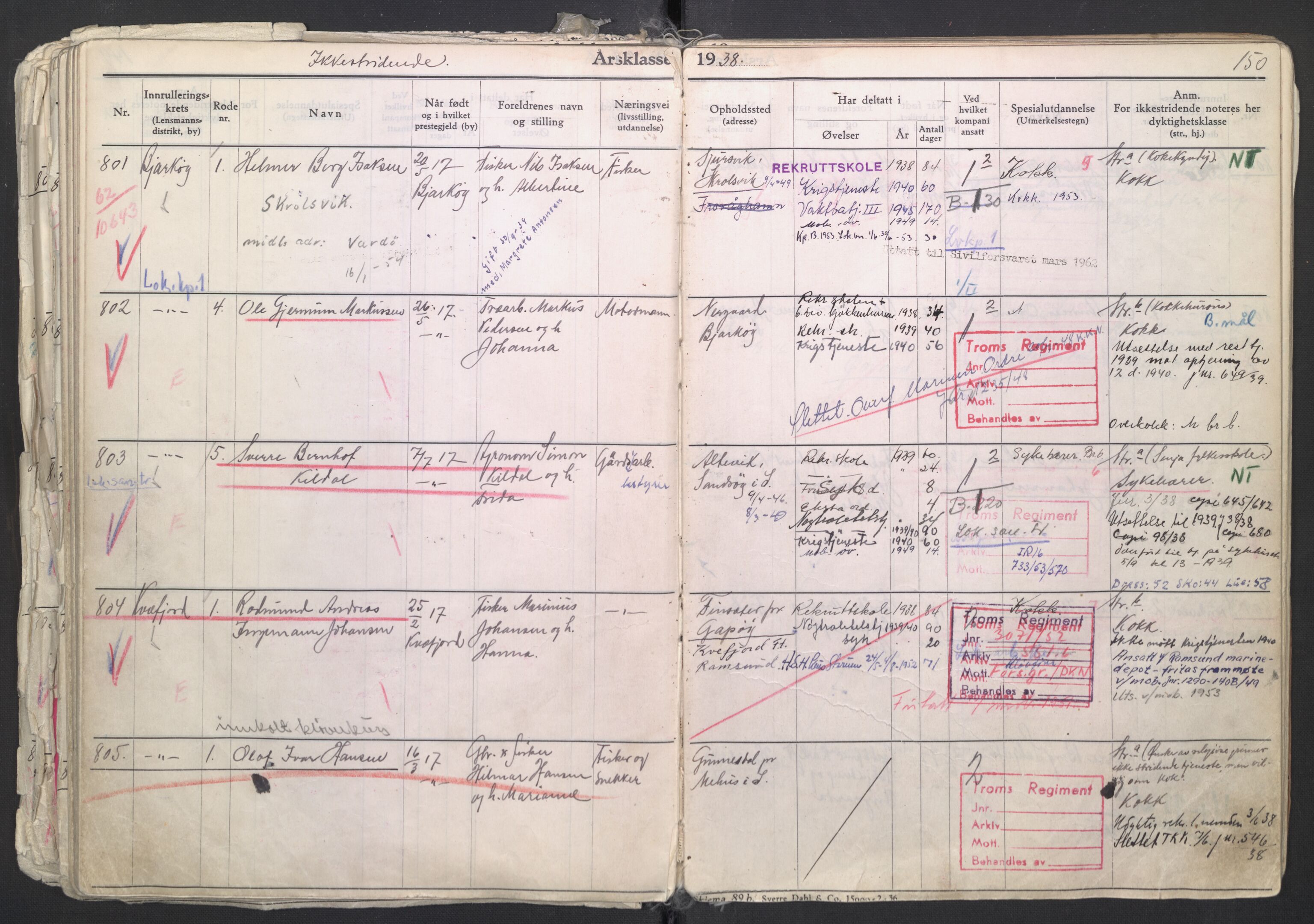 Forsvaret, Troms infanteriregiment nr. 16, AV/RA-RAFA-3146/P/Pa/L0007/0003: Ruller / Rulle for regimentets menige mannskaper, årsklasse 1938, 1938, p. 150