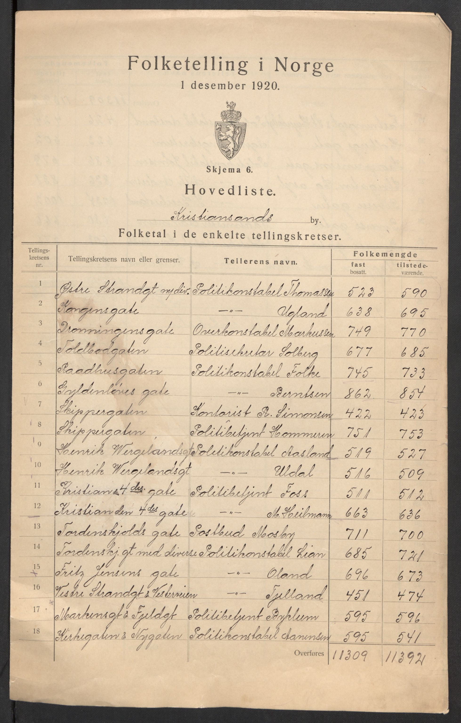 SAK, 1920 census for Kristiansand, 1920, p. 3