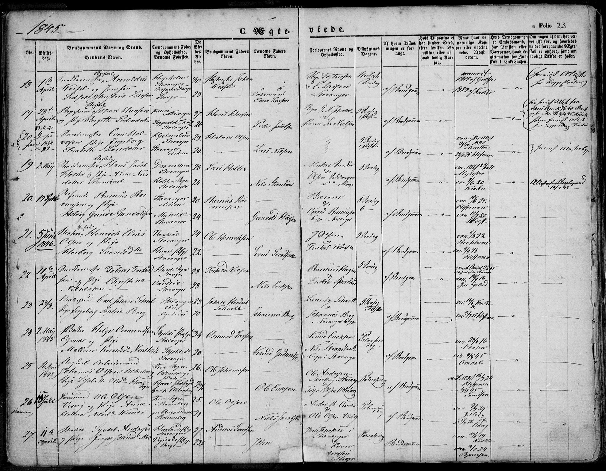 Domkirken sokneprestkontor, SAST/A-101812/001/30/30BA/L0015: Parish register (official) no. A 14, 1842-1857, p. 23
