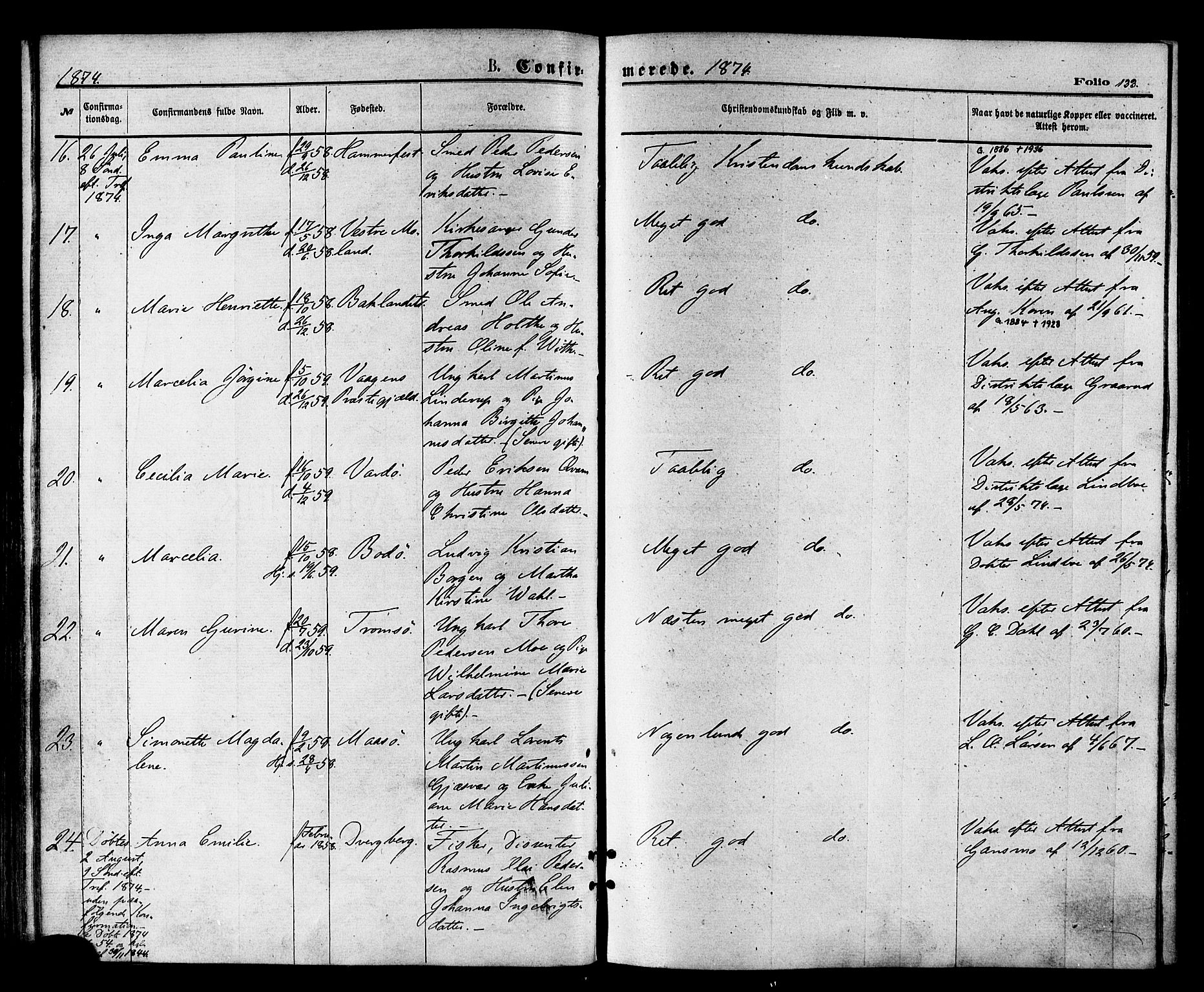 Vardø sokneprestkontor, SATØ/S-1332/H/Ha/L0005kirke: Parish register (official) no. 5, 1872-1878, p. 133