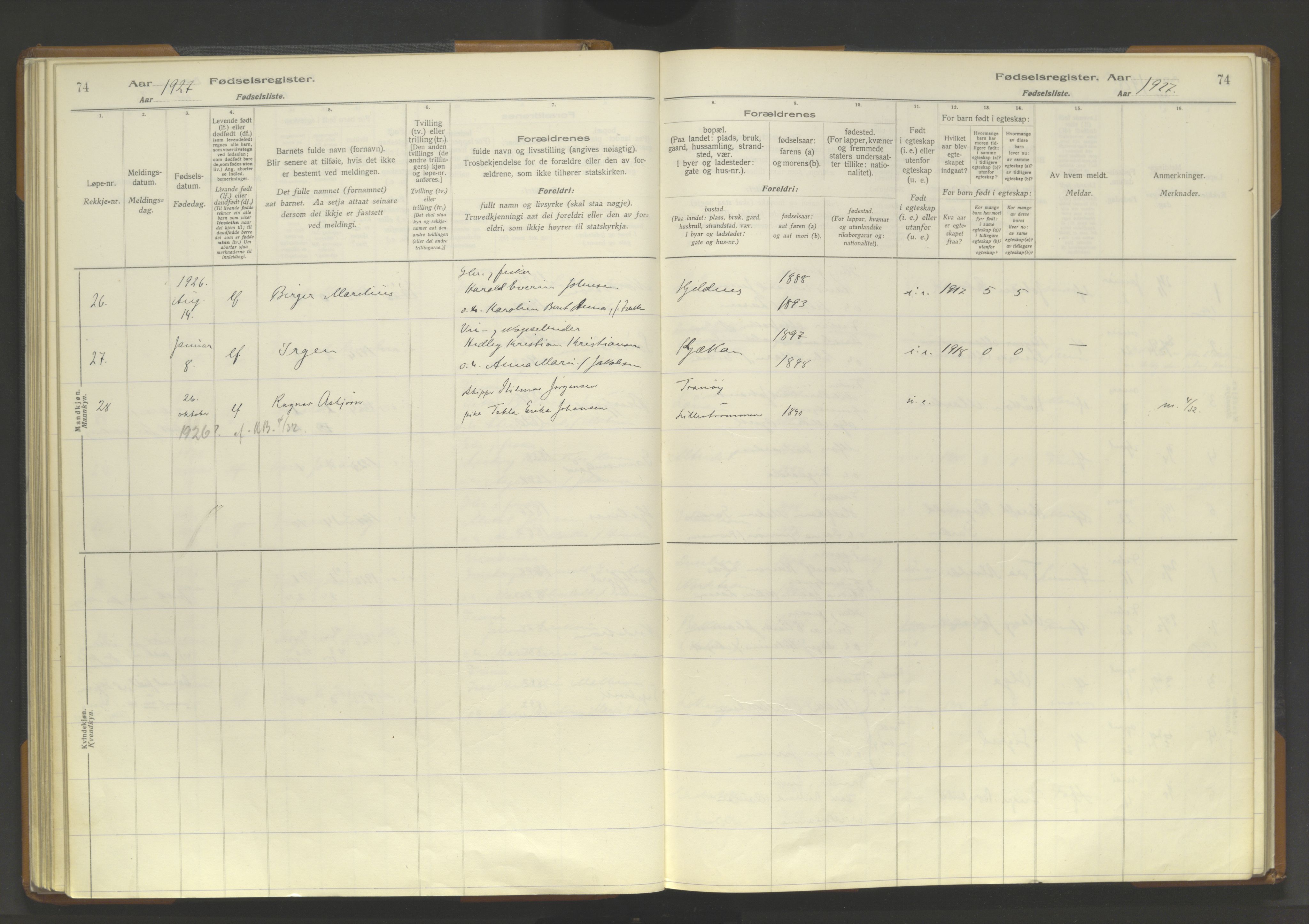 Skjervøy sokneprestkontor, AV/SATØ-S-1300/I/Ia/L0062: Birth register no. 62, 1916-1950, p. 74