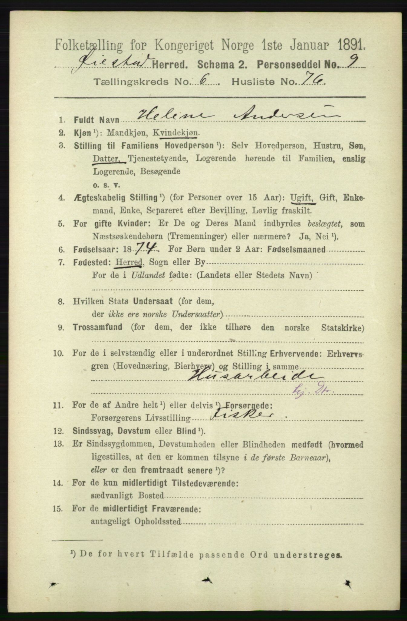 RA, 1891 census for 0920 Øyestad, 1891, p. 2563