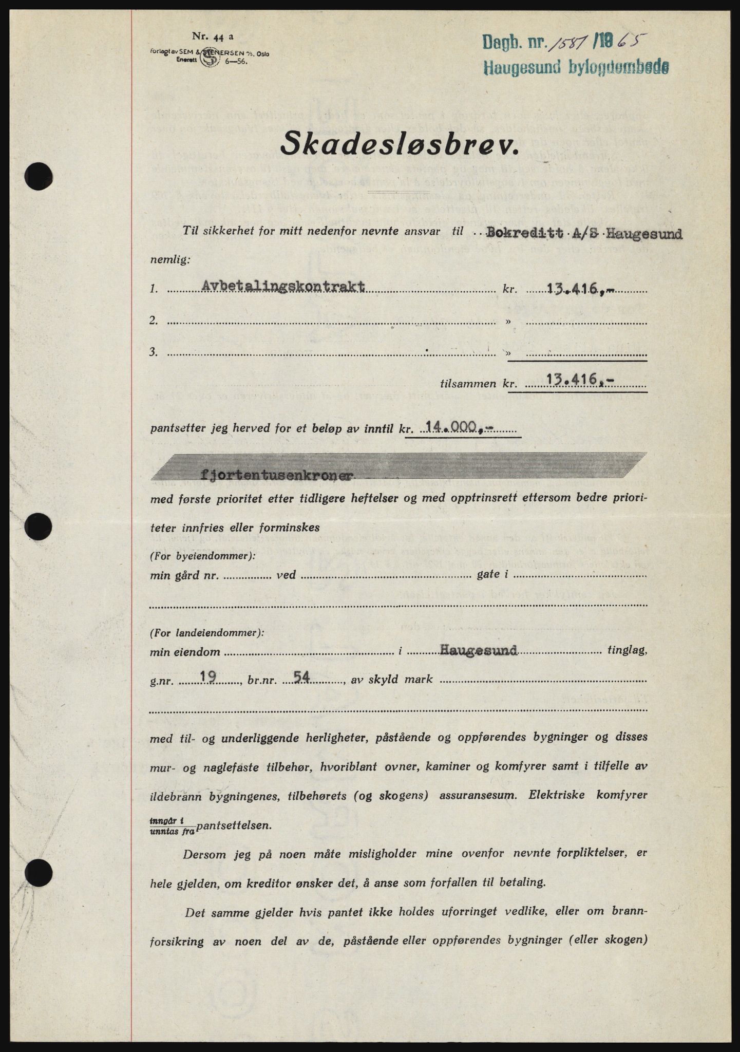 Haugesund tingrett, SAST/A-101415/01/II/IIC/L0053: Mortgage book no. B 53, 1965-1965, Diary no: : 1581/1965