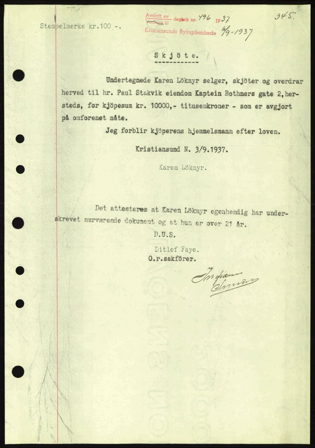 Kristiansund byfogd, AV/SAT-A-4587/A/27: Mortgage book no. 30, 1936-1941, Diary no: : 496/1937