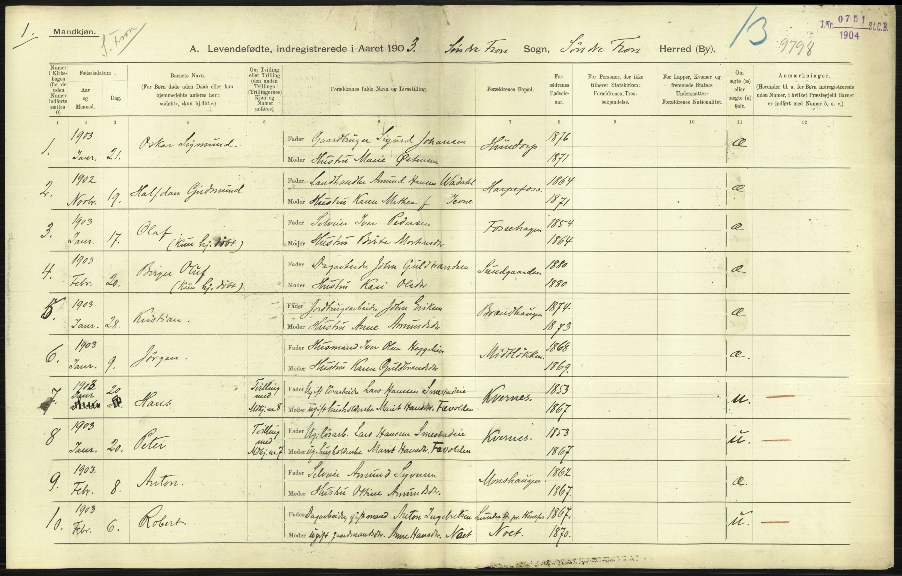 Statistisk sentralbyrå, Sosiodemografiske emner, Befolkning, RA/S-2228/D/Df/Dfa/Dfaa/L0006: Kristians amt: Fødte, gifte, døde, 1903, p. 61