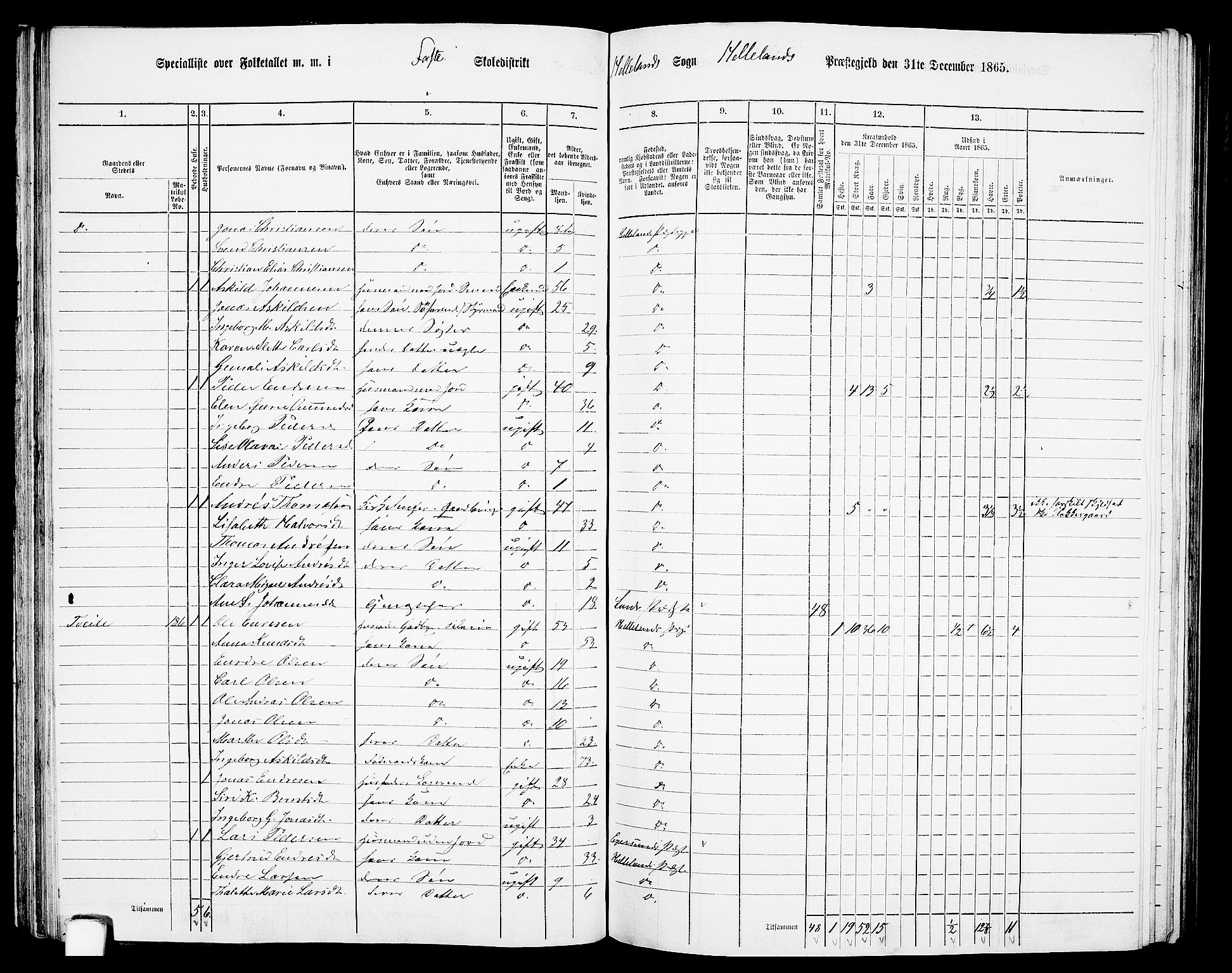 RA, 1865 census for Helleland, 1865, p. 50