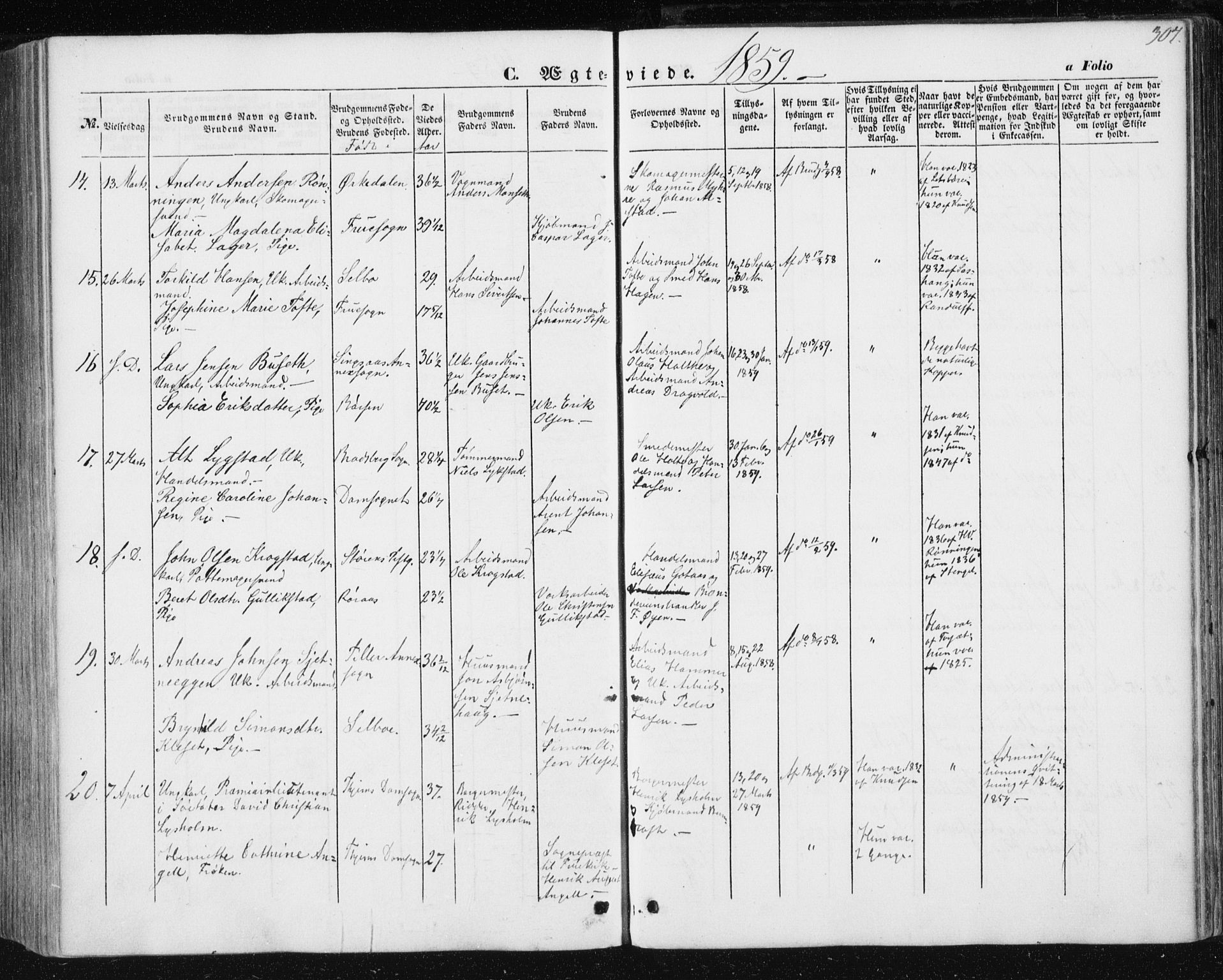 Ministerialprotokoller, klokkerbøker og fødselsregistre - Sør-Trøndelag, SAT/A-1456/602/L0112: Parish register (official) no. 602A10, 1848-1859, p. 307