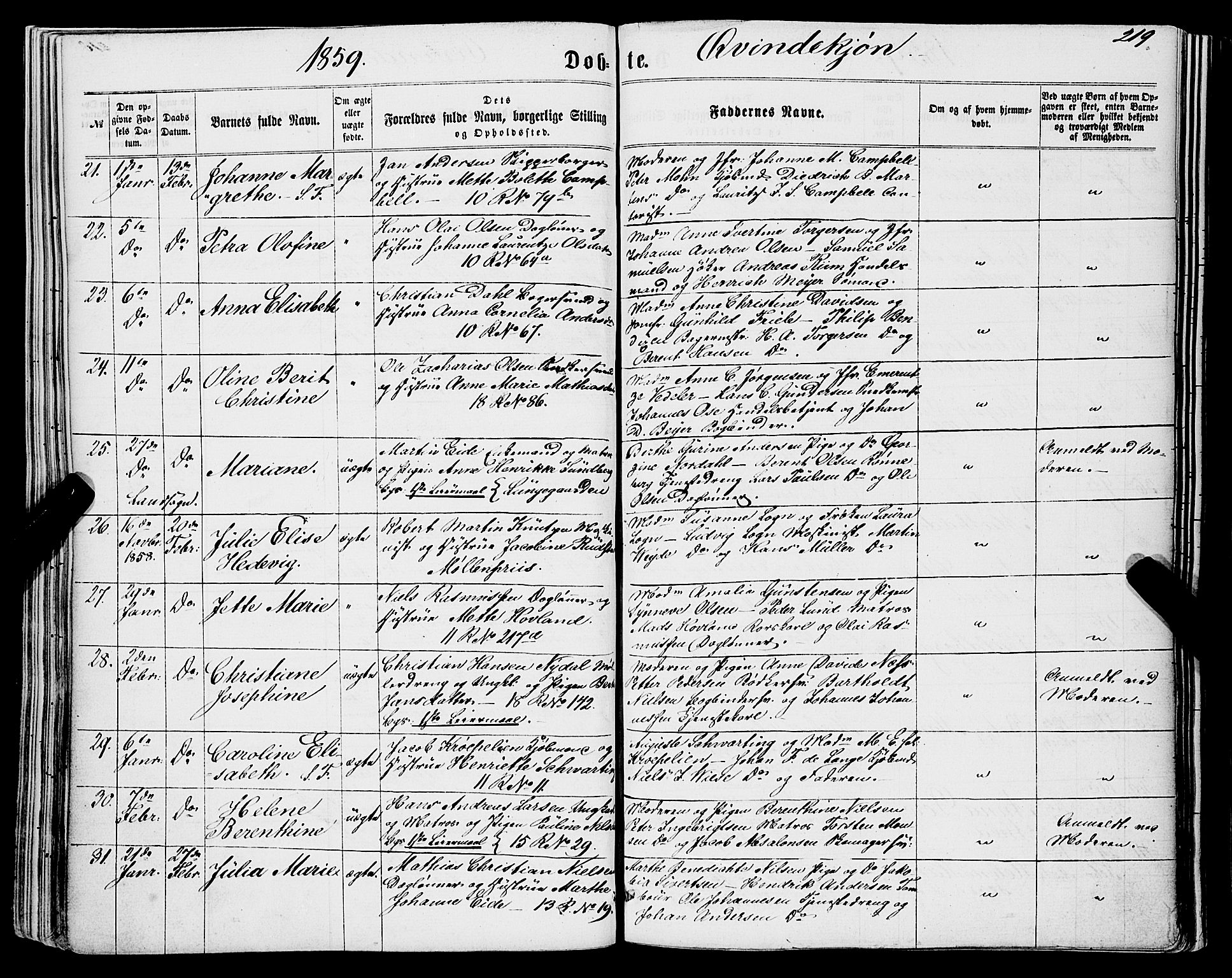 Domkirken sokneprestembete, AV/SAB-A-74801/H/Haa/L0021: Parish register (official) no. B 4, 1859-1871, p. 219