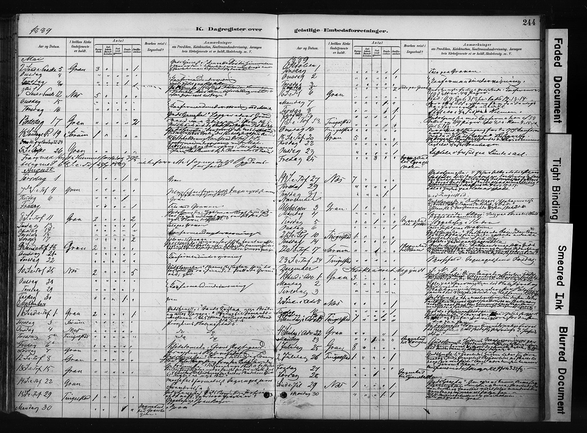 Gran prestekontor, AV/SAH-PREST-112/H/Ha/Haa/L0017: Parish register (official) no. 17, 1889-1897, p. 244