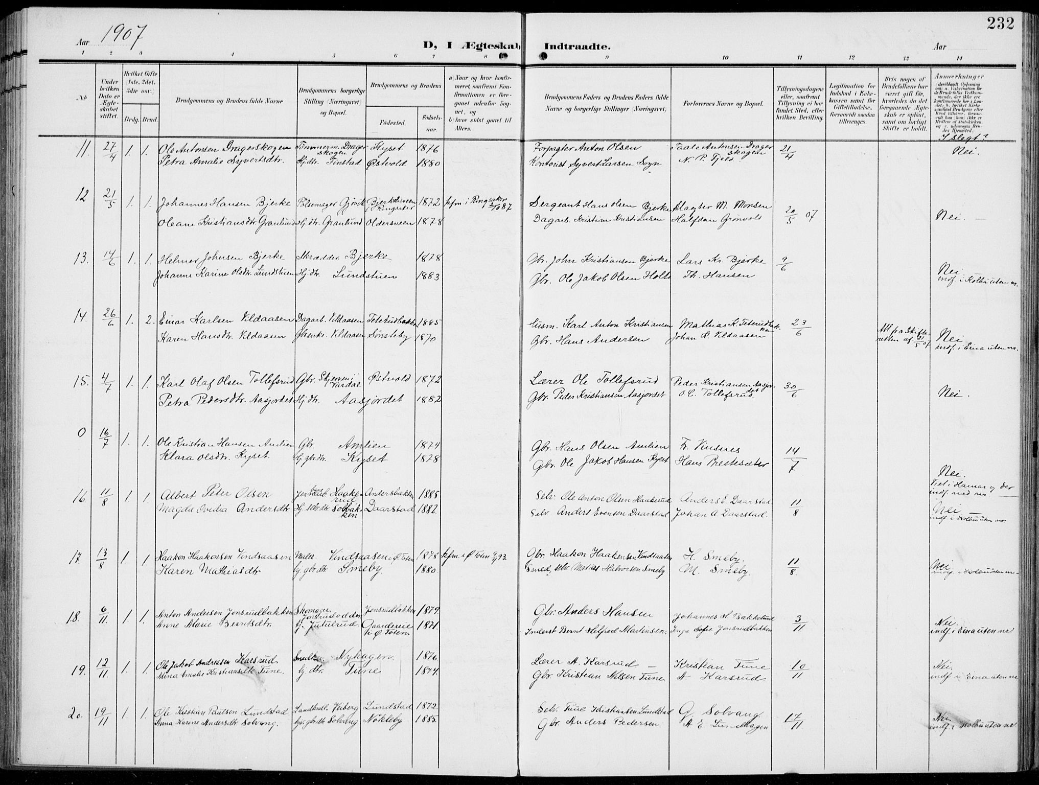 Vestre Toten prestekontor, AV/SAH-PREST-108/H/Ha/Haa/L0014: Parish register (official) no. 14, 1907-1920, p. 232