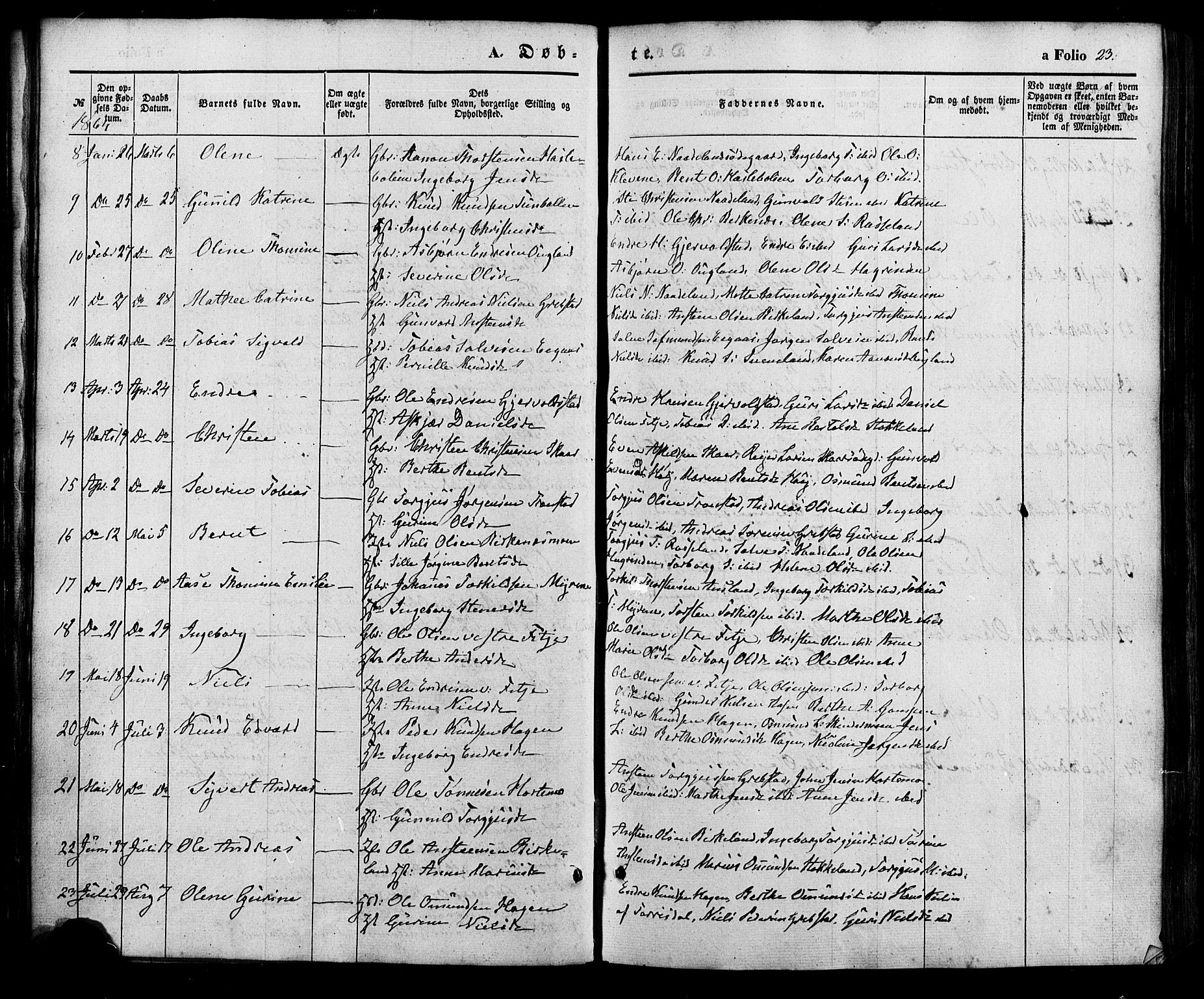 Søgne sokneprestkontor, AV/SAK-1111-0037/F/Fa/Faa/L0002: Parish register (official) no. A 2, 1854-1882, p. 23